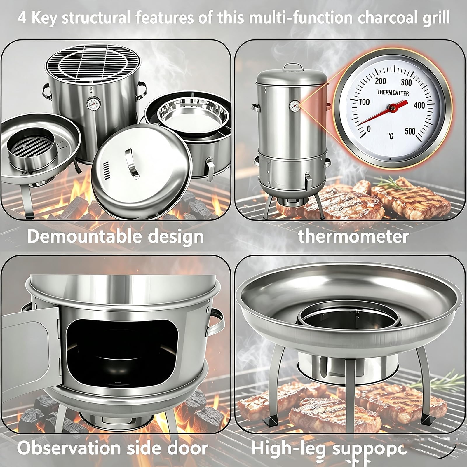 Barbecue A Carbone 3 in 1 con Termometro | Barile Arrostire Carne, Pollame Intero, Spiedini Circolari, Griglia Piatta, 3 Modalità Cottura, Ideale Per Patio E Campeggio