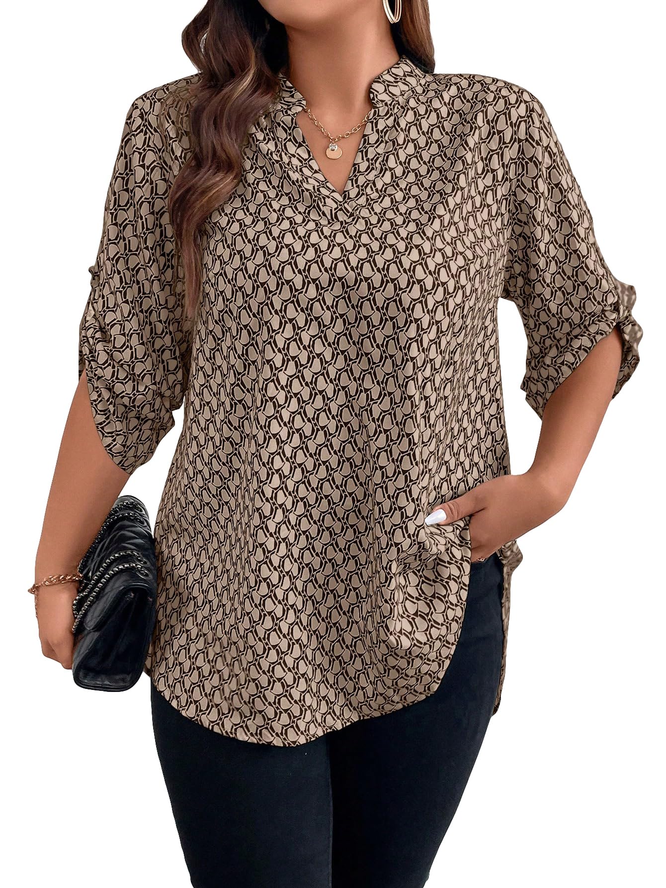 GORGLITTER Women's Plus Size Allover Print Notched V Neck 3/4 Roll Up Sleeve Blouse Top