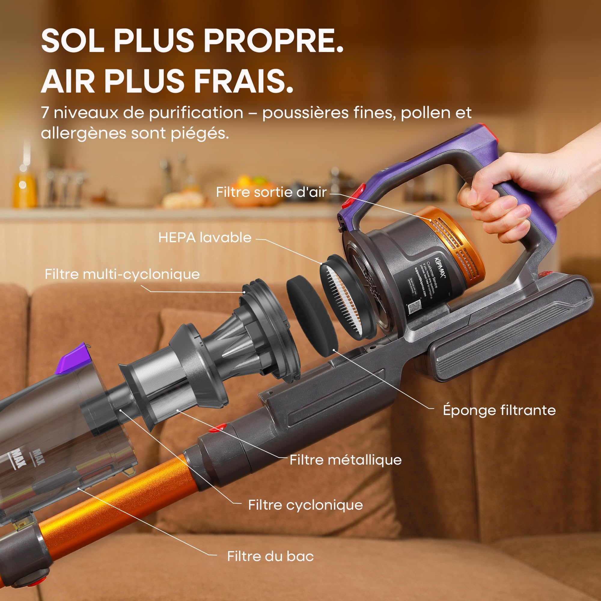 KIPMAX Aspirateur Balai sans Fil, pour Sols Durs, Tapis, Animaux et Voiture, 550W/50KPa/70Mins Aspirateur sans Fil Puissant, avec Base de Chargement et de Rangement, Parfumé, Brosse Anti-Enmêlement