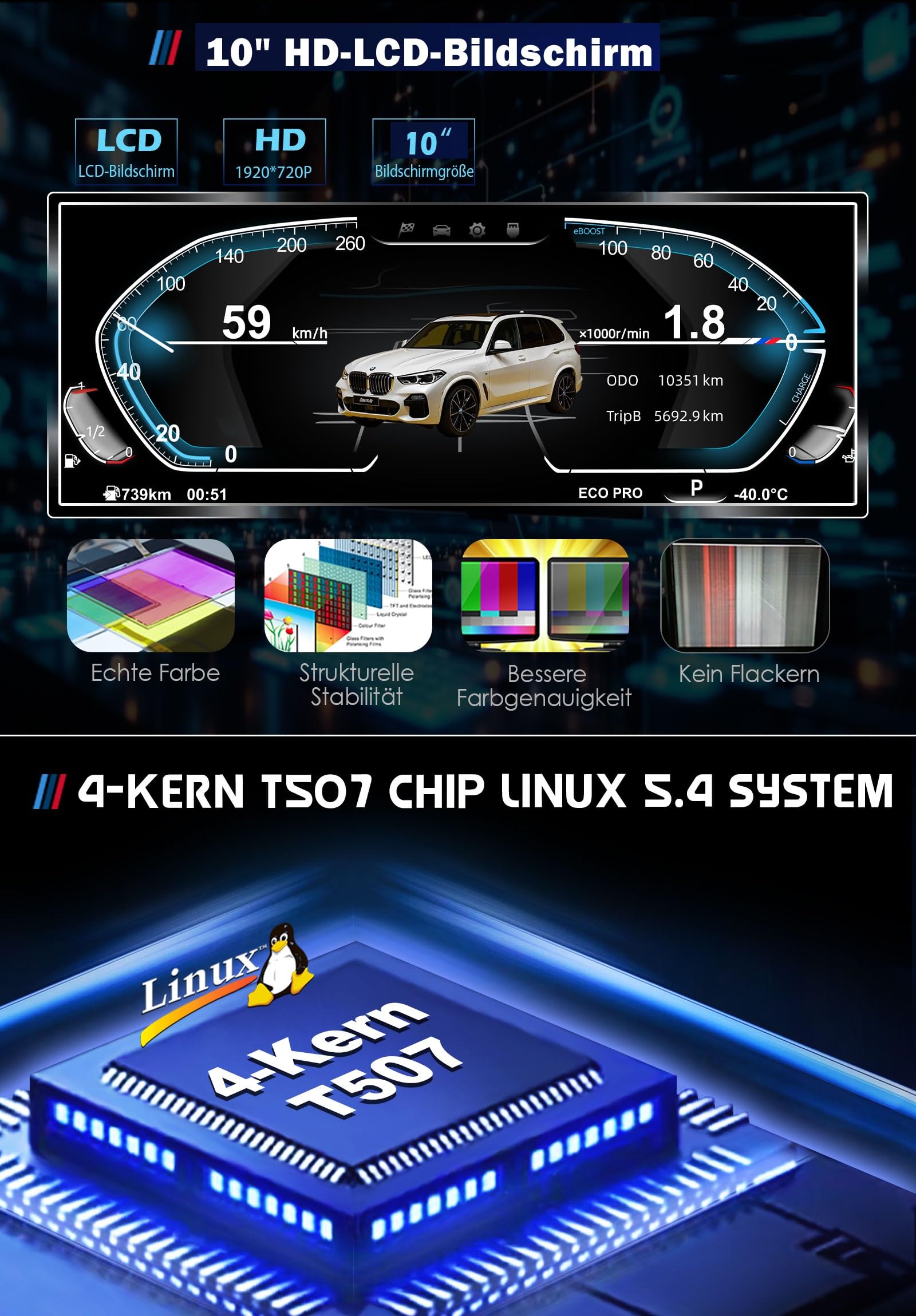 Strumento tachimetro digitale da 10'' 1920*720 LCD per BMW Serie 1/2 F20 F50 F22 F45 X1 F48 F49 X2 F39 cruscotto cluster 5UI controllo del volante Plug & Play pneumatici originali consumo di