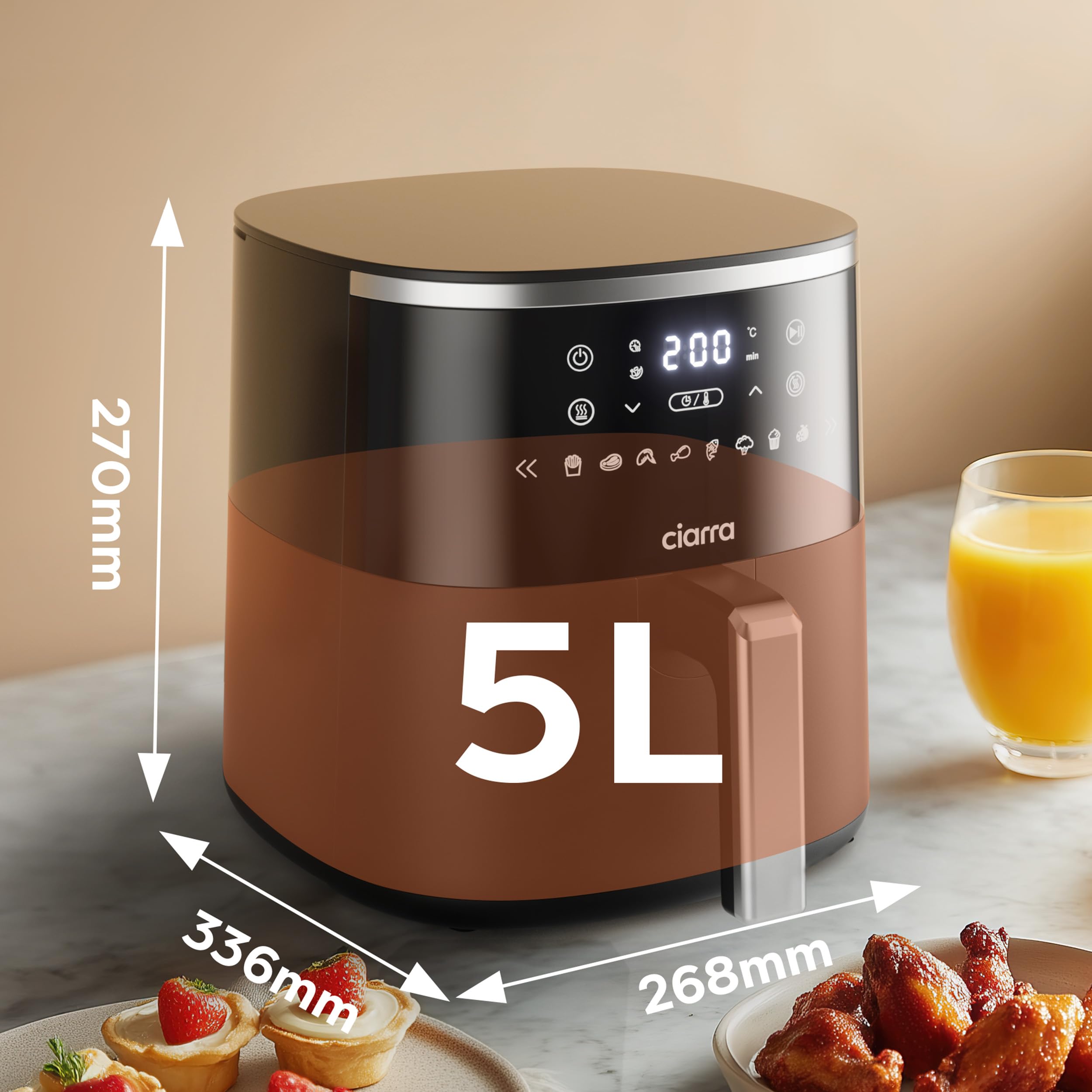 Cyfrowa frytkownica powietrzna CIARRA, 5 l, bezolejowa, frytkownica powietrzna, bardzo chrupiąca, pieczenie, pieczenie, ogrzewanie, odwodnienie, 8 opcji gotowania, nieprzywierająca, cest