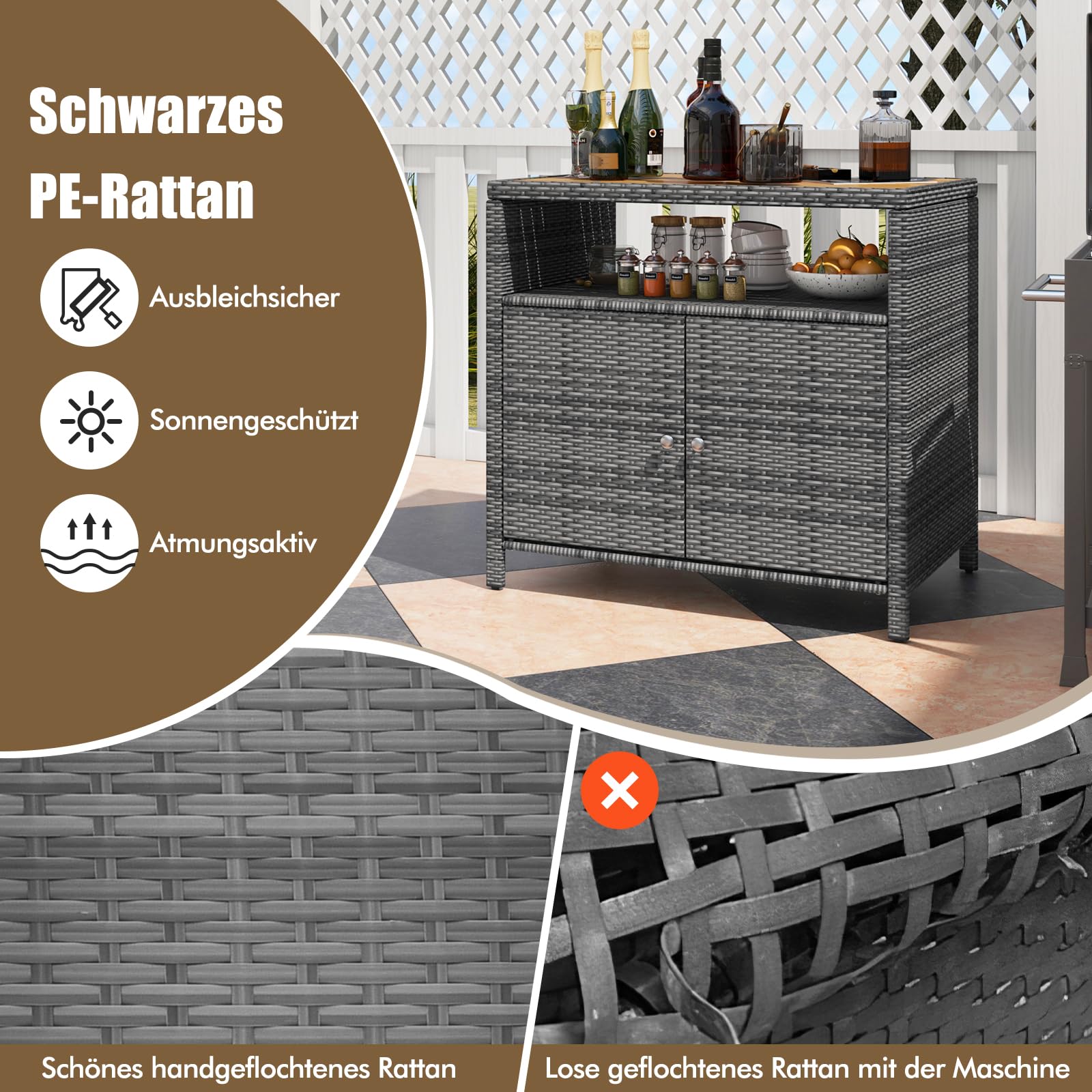 GYMAX Gartenschrank Rattan Terrassenschrank Doppeltür Akazienholz Arbeitsplatte offenes Regal Outdoor Aufbewahrungsschrank 90x53x86 cm Grau