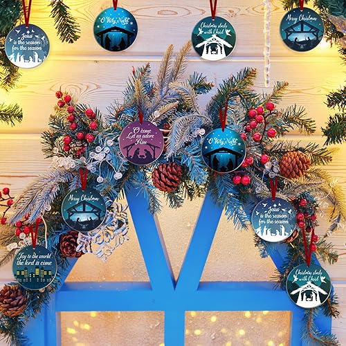 Miniatura 4 de Karenhi 6 adornos de Navidad de Navidad de Noche Santa, adornos religiosos cristianos para árbol de Navidad, cerámica redonda de Jesús, Belén,