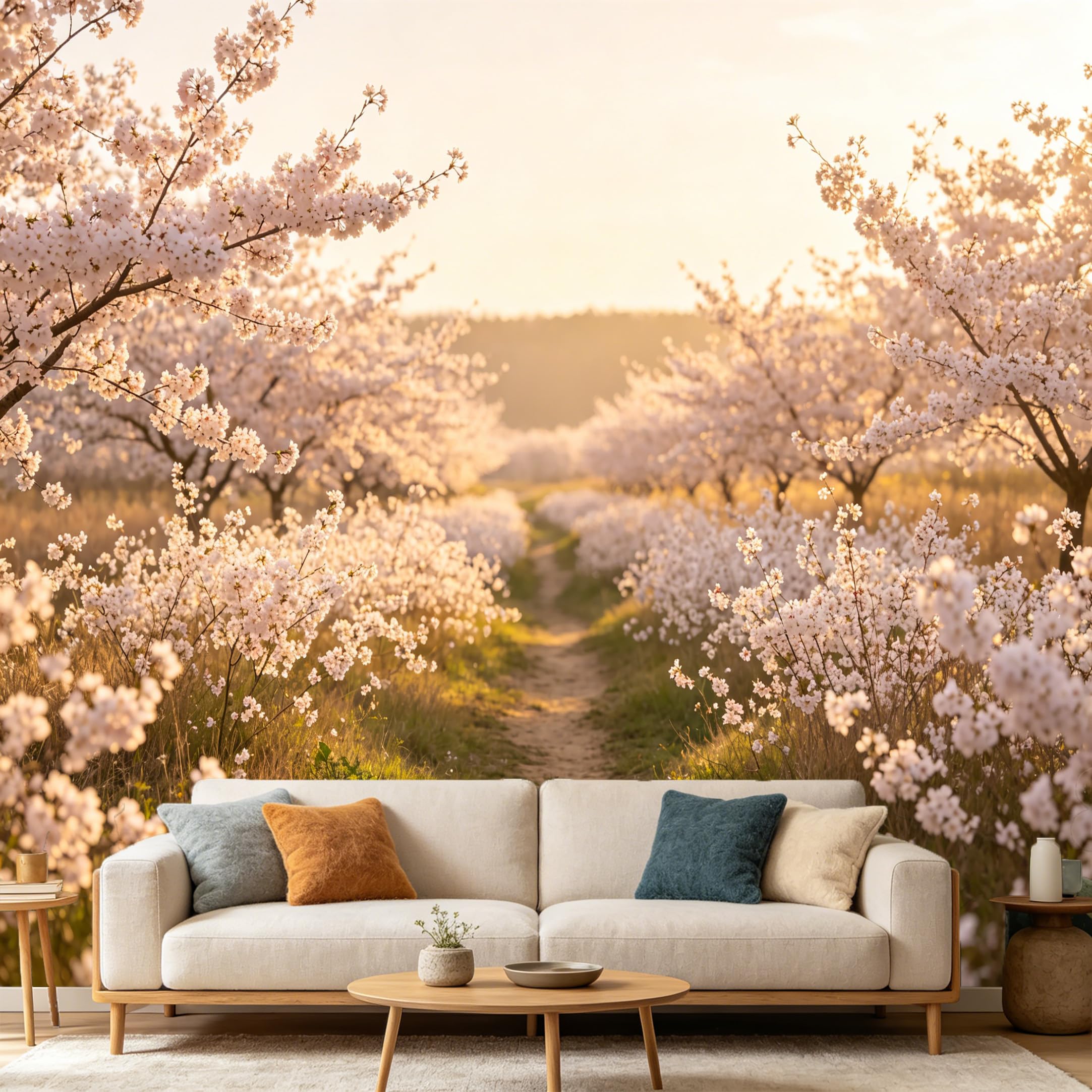 Custom Size Wall Mural Botanical Cherry Blossom Path Landscape SelfAdhesive Art Prints wall Fabric (No PVC) Removable Wallpaper Home Bedroom Decor Spring Floral Wall Covering