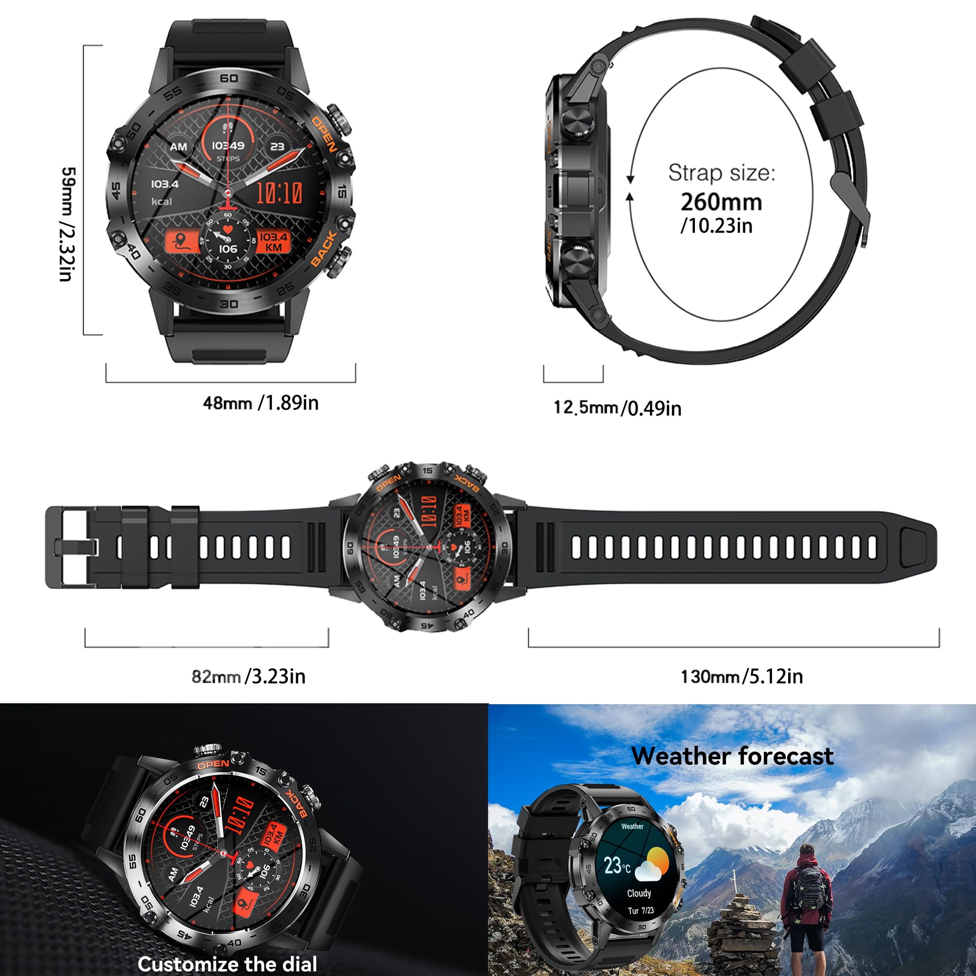 1,39" AMOLED Montre Connectée Homme avec Appel Bluetooth 5,2, Smartwatch Compatible Samsung Huawei Xiaomi Android iOS Podometre GPS Partagé Montre 123 Sports Cardiofrequencemetre (Noir)