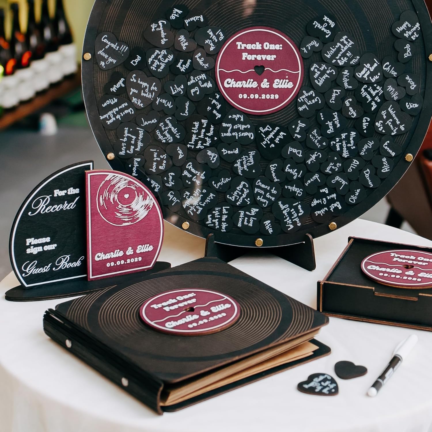 Custom Wedding Guest Book Alternative – Personalized Vinyl Record Guestbook – Unique Wood Personalized Sign-in Book for Wedding Reception Decor, Bridal Shower, Engagement, Anniversary Celebration