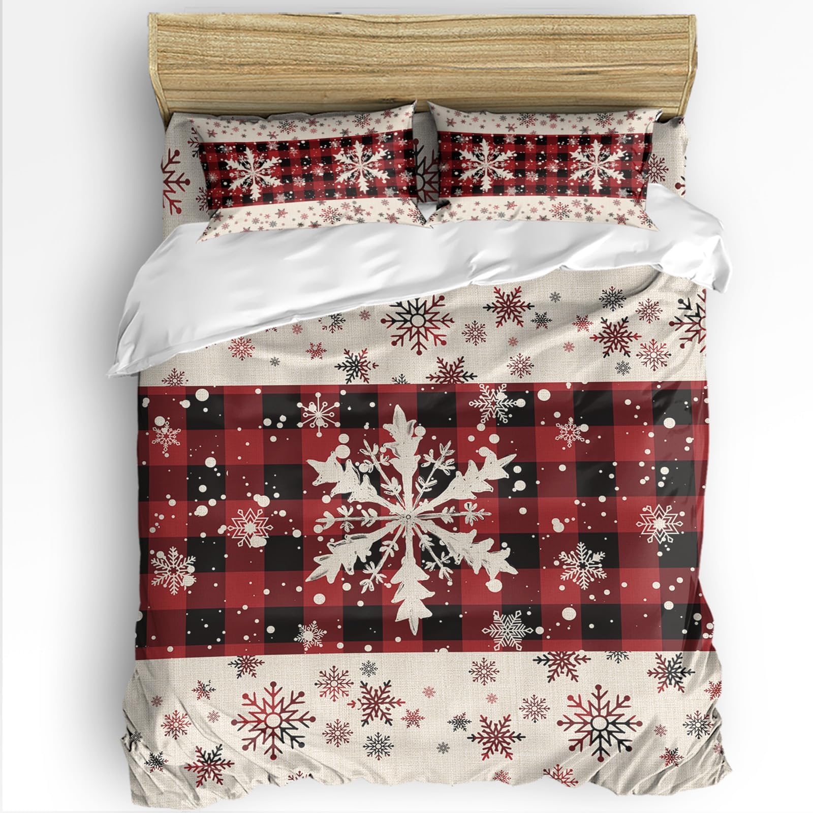 ARTSHOWING Bedding Duvet Cover Full Size Set Breathable Christmas Simple Snowflake Red Plaid Quilt Cover with Zipper & Tie Washable Full Duvet Cover Bedding Sets (1 Duvet Cover 2 Pillowcase 1 Sheet)