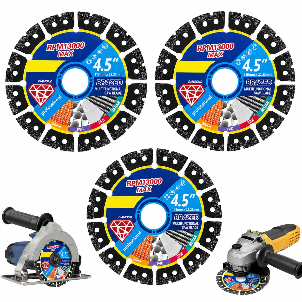 3 Pcs Diamond Multi Purpose Saw Blades 115mm 4.5 Inch for Angle Grinder