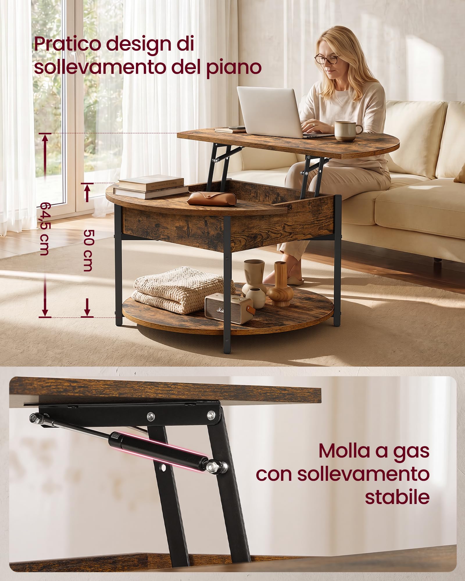 VASAGLE Tavolino Salotto con Piano Sollevabile e Scomparto Nascosto