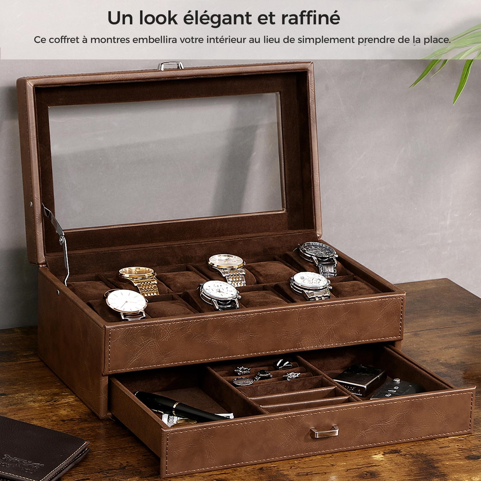 Boite à Montre de Homme, Un Classique 12 compartiments Boite Montre | Grand couvercle en verre Boite a Bijoux Homme et Montres，2e étage Watch Box Boite Rangement Montre, Marron