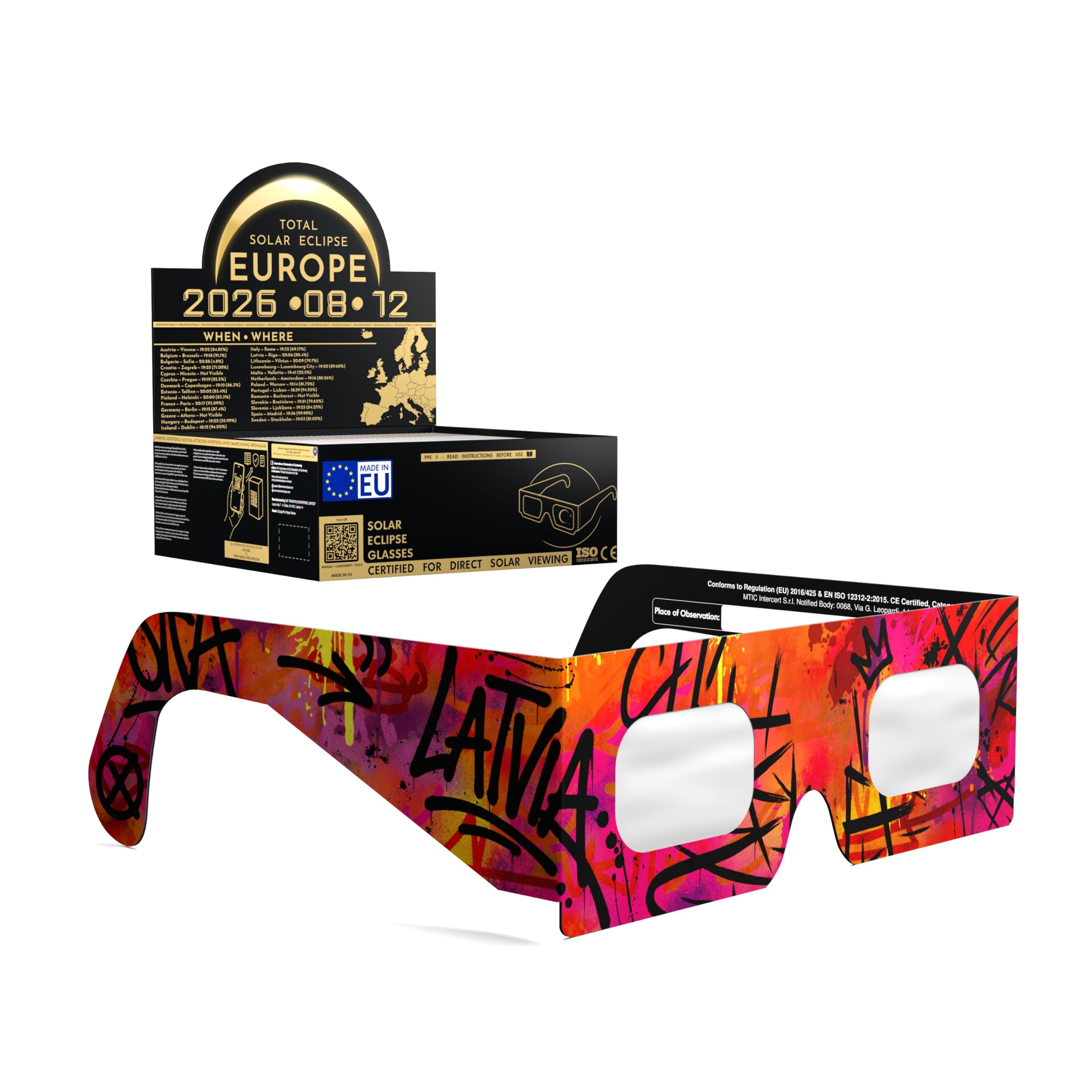 Solar Eclipse Glasses ISO 12312-2 CE Certified | Safe Solar Viewing Glasses UK | Paper Cardboard Frame | Total Solar Eclipse August 2026 | Made in EU | 50 Pack | Graffiti โ image 1