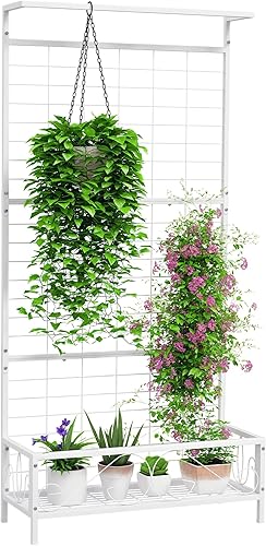 Outsunny Soporte alto para plantas con enrejado y barra para colgar, soporte de metal para plantas trepadoras, flores, uso en interiores y
