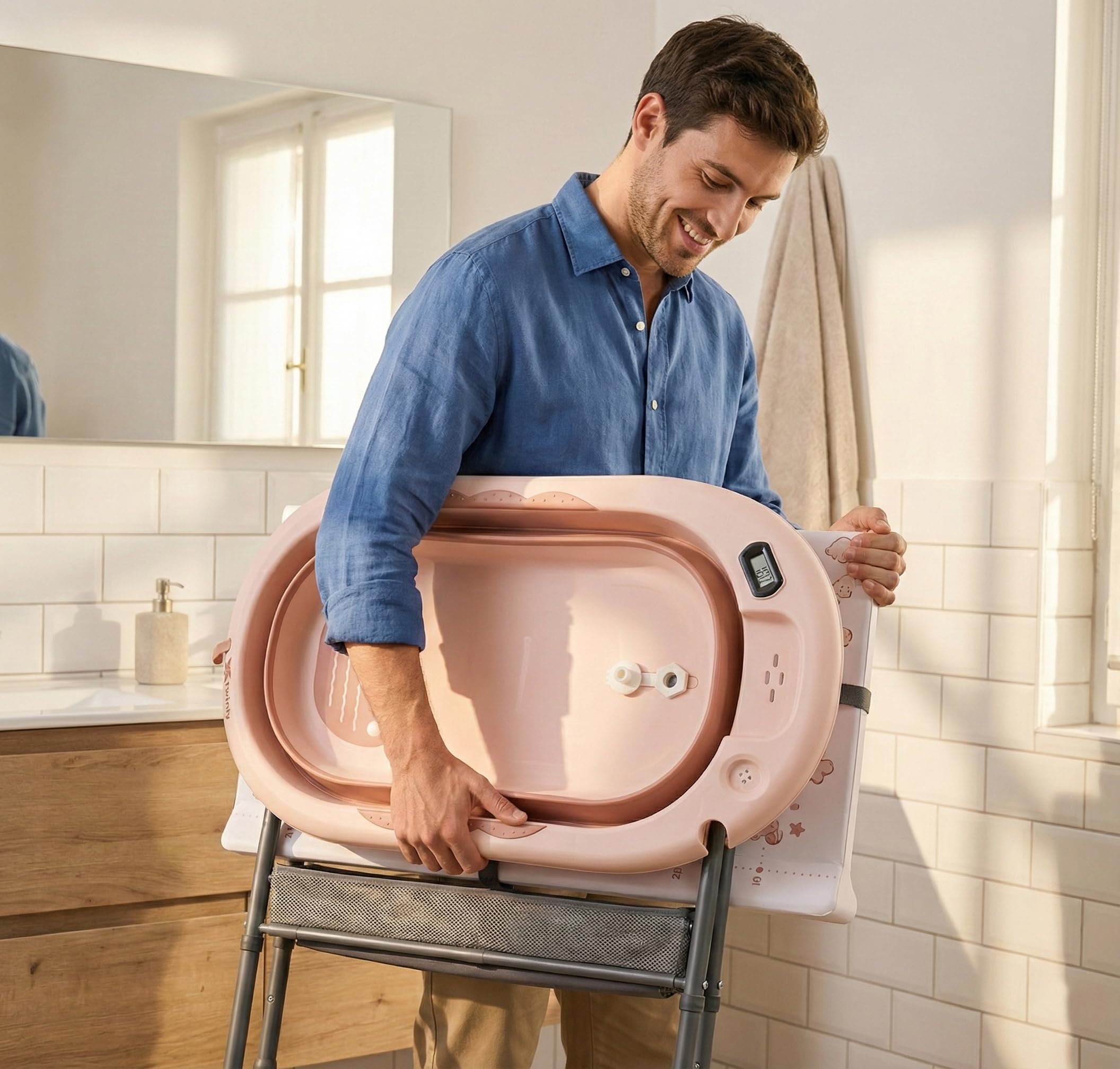 Twinly Bubbly – Bañera Cambiador Plegable para Bebé 2 en 1 – Altura Regulable Ergonómica, Bañera Extraíble para Playa y Viajes, Soporte Estable con Desagüe, Ideal para Baños Pequeños (Rosa) — view 4