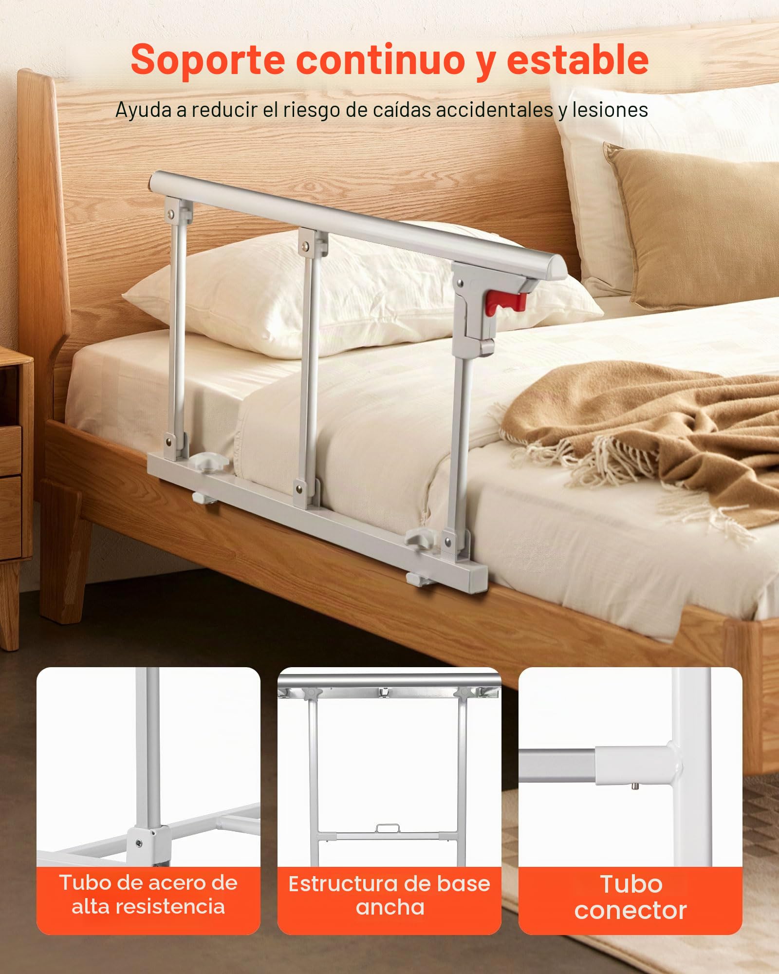 VEVOR Barandilla de Cama Plegable a Personas Mayores, 70 cm, con Correa de Sujeción, Protección Anticaídas y Protección de Bordes, Compatible con Camas King, Queen, Matrimoniales e Individuales