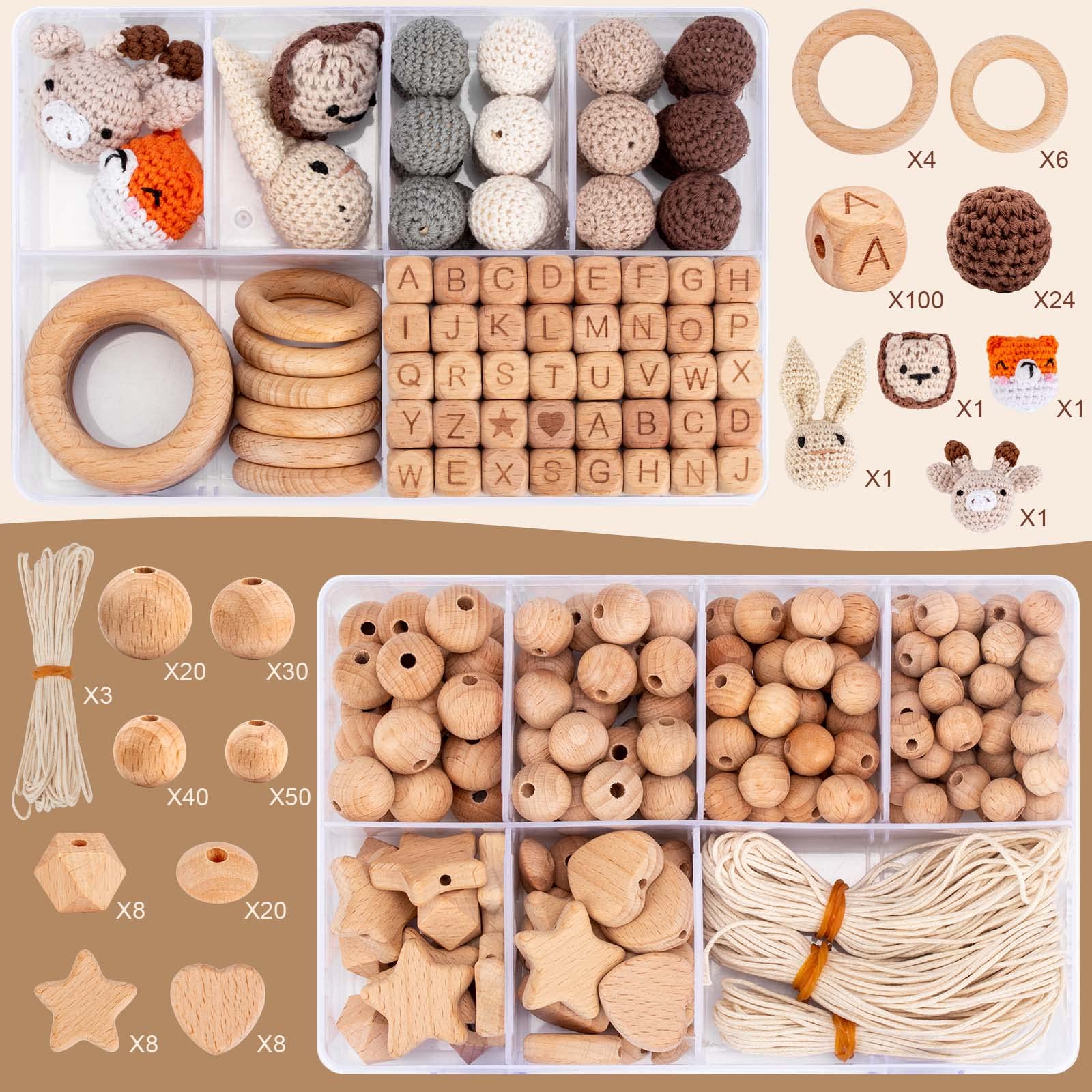 Holzperlen Holzringe Set 322 Stück Buchenholzperlen Rund Holzkugeln mit Loch für Makramee DIY Schmuck