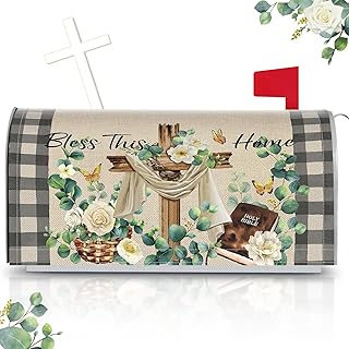 Tiamon Easter Religious Cross Mailbox Covers Magnetic Easter Mailbox Cover Standard Size 21x18 Inch Spring Christian Eucalyptus Plaid Post Decor Bless This Home Letter Box Wrap for Outdoor Garden Yard