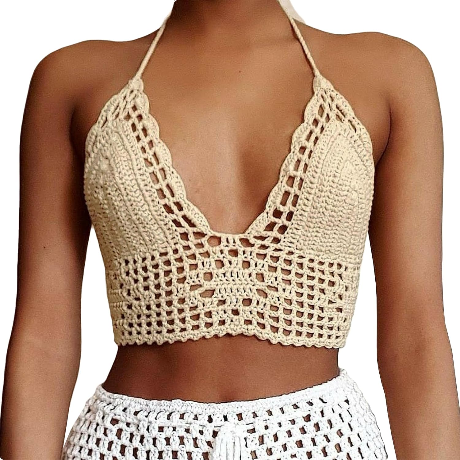 Crochet Halter Tops for Women Backless Camisole Knit Bra Tops Bralette Summer Beachwear