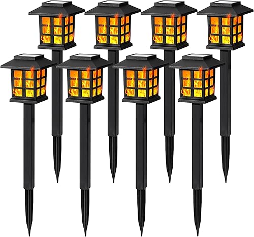 GIGALUMI Luces solares para exteriores, paquete de 8 luces solares LED de llama parpadeante, luces solares impermeables para jardín que mantienen 10