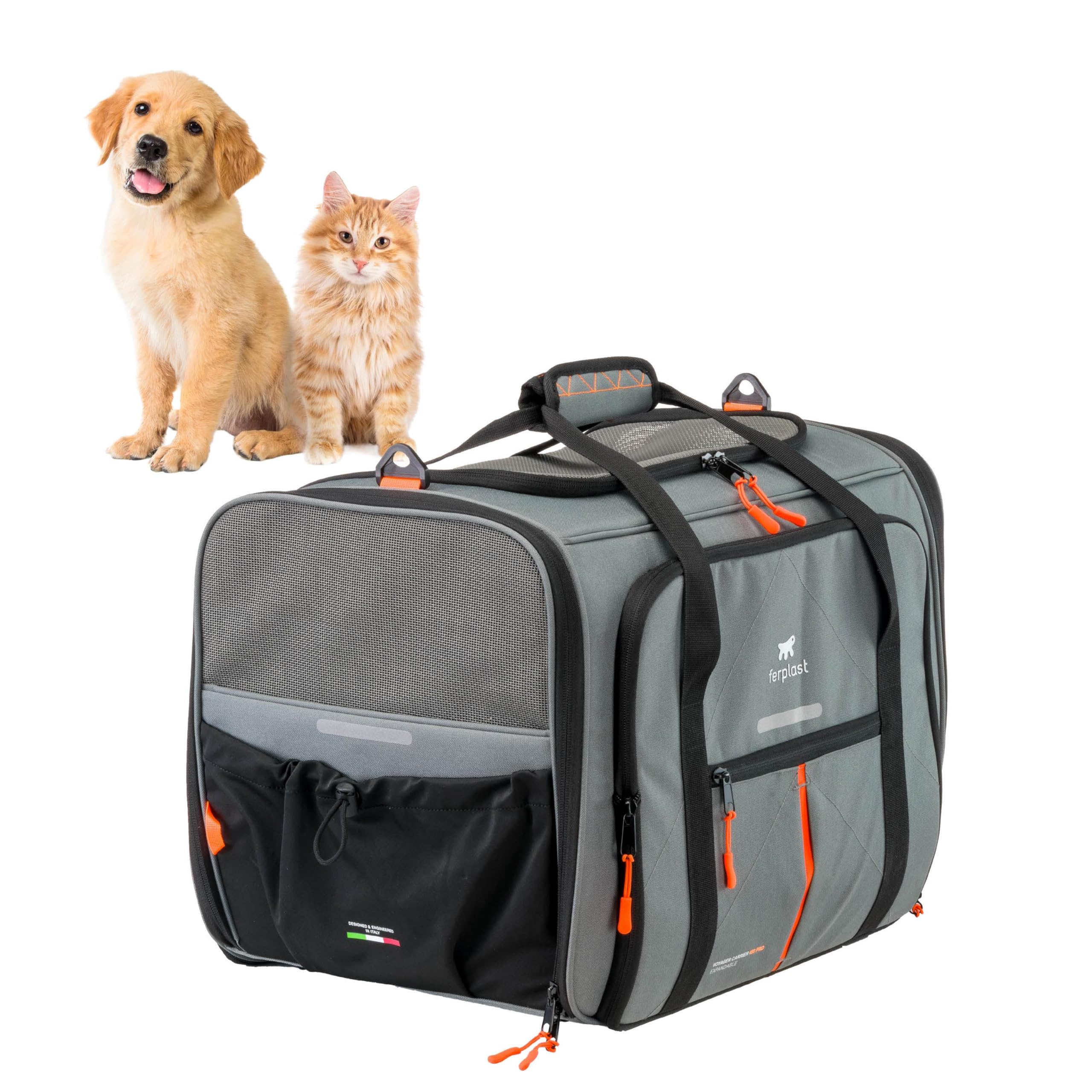 Ferplast Trasportino Gatto VOYAGER CARRIER, Trasportino per Cani, Manici e Tracolla Regolabili, Cinghia di Sicurezza, Doppia Apertura laterale, con Cuscino, Max 15 Kg, 50x35x37h cm, Grigio