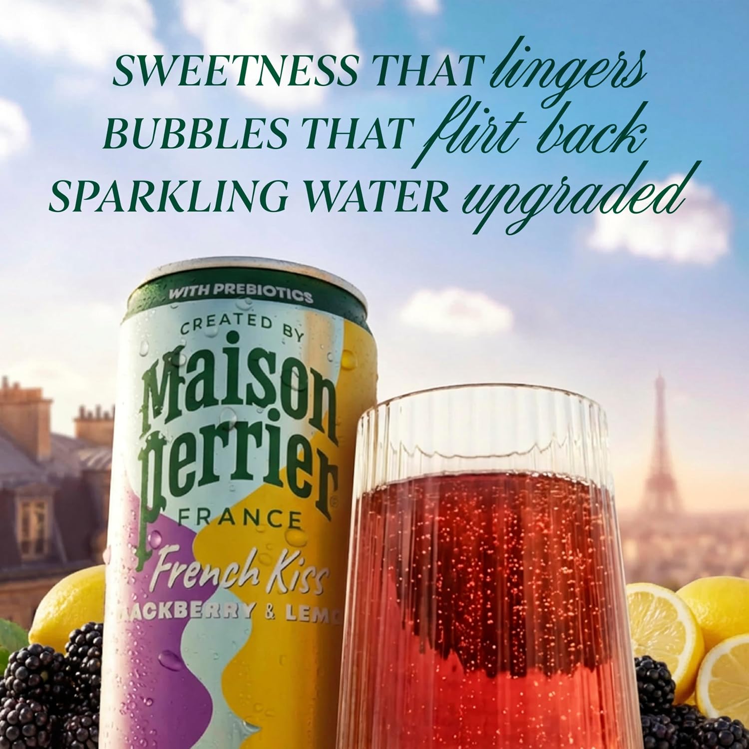 Maison Perrier French Kiss Sweetened Sparkling Juice Beverage, Blackberry & Lemon Flavors With Real Fruit Juices, 24Pk