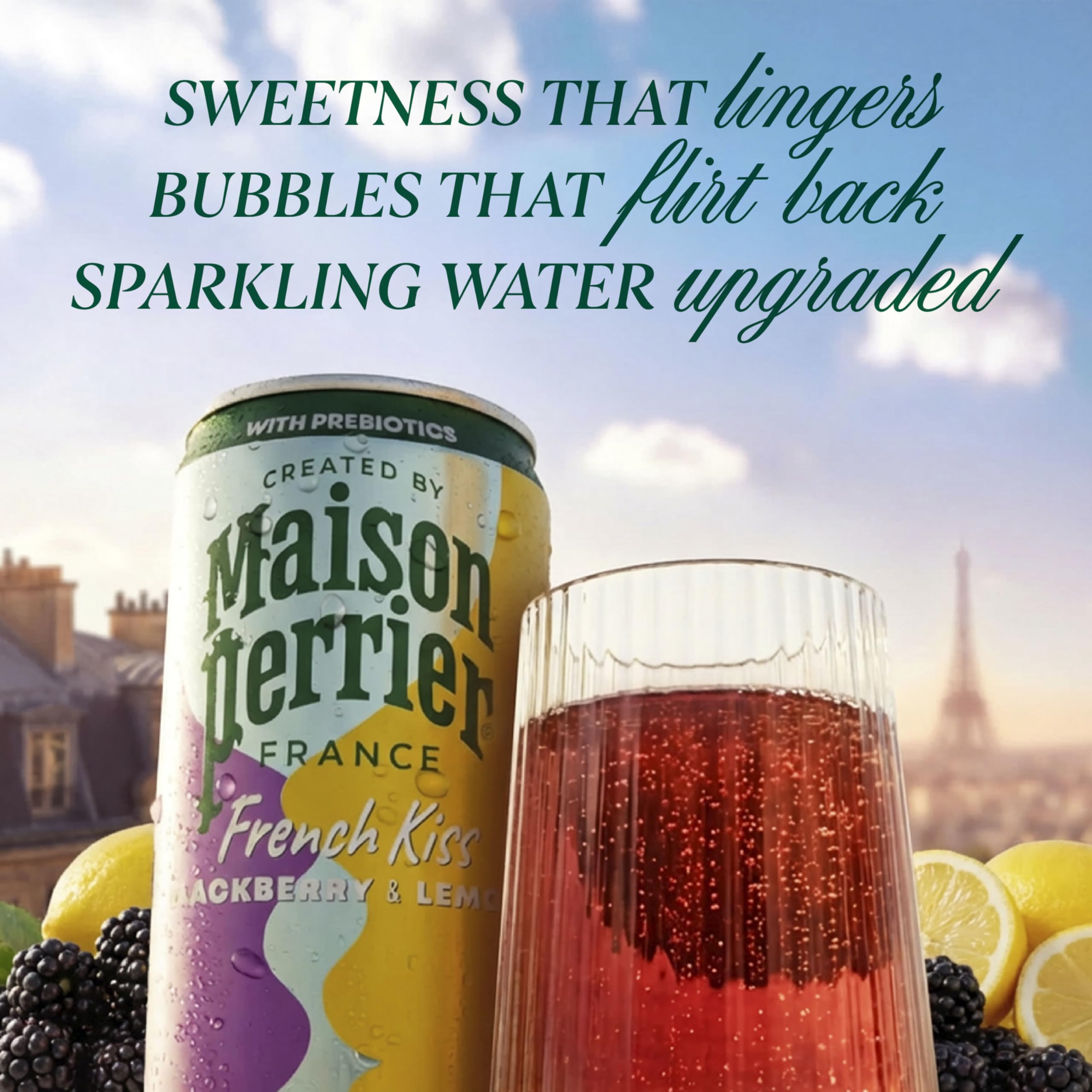 Maison Perrier French Kiss Sweetened Sparkling Juice Beverage, Blackberry & Lemon Flavors With Real Fruit Juices, 24Pk