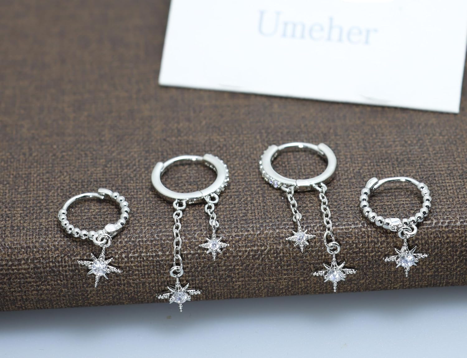 3Pairs Earrings Set for Women Silver Moon Star CZ Butterfly Green Dainty Stud Hoop Earrings for Three Holes Earrings Stack - Image 5