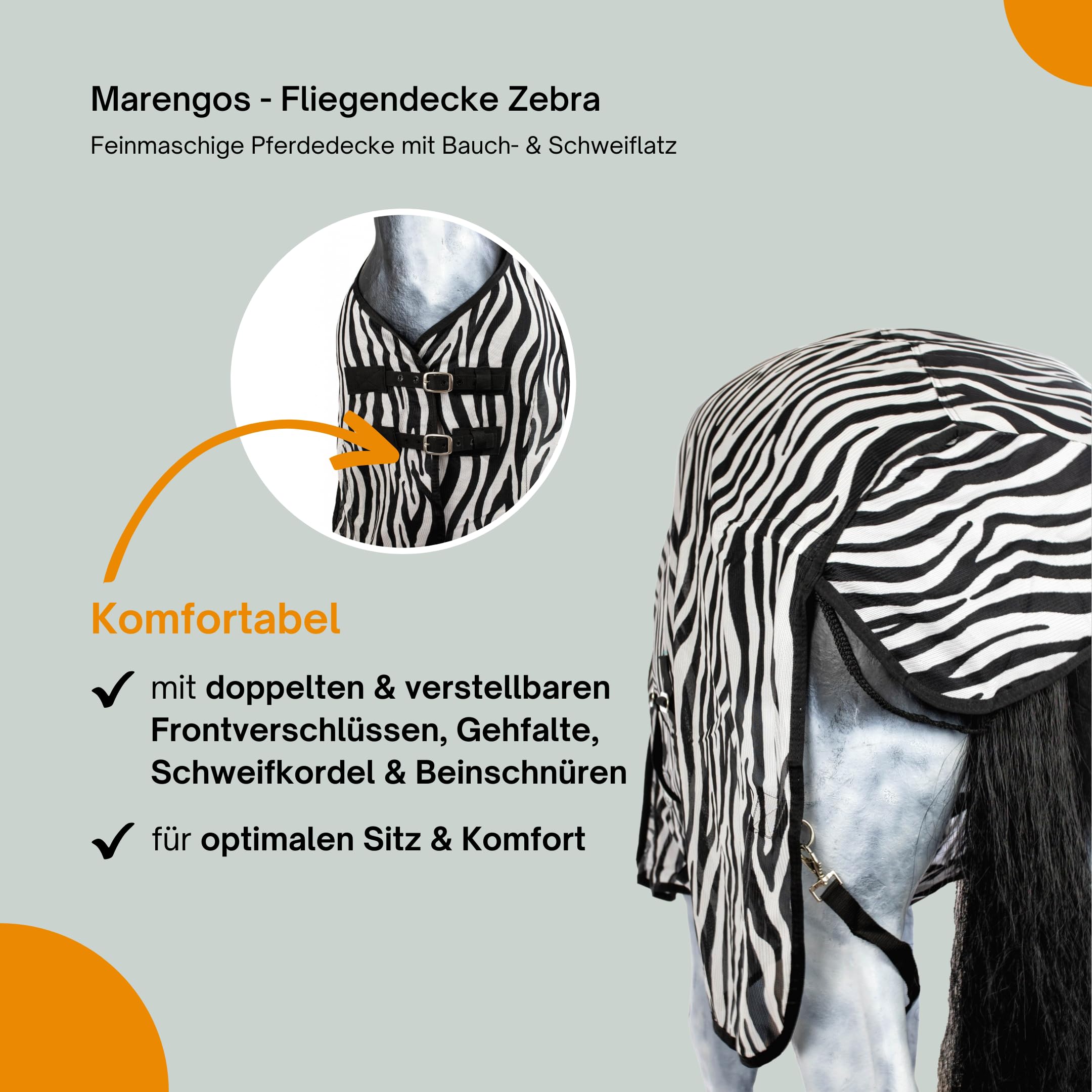 Marengos - Fliegendecke Zebra – feinmaschige Pferdedecke mit Bauch- & Schweiflatz – Schutz vor Insekten – mit Gehfalte & doppeltem Frontverschluss – Outdoor-Pferdedecke – 135 cm