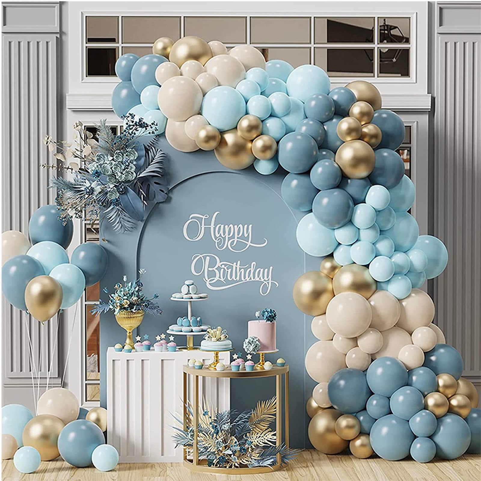 AM ANNA Dusty Baby Blue Balloons Arch Kit, 122Pcs Blue Gold Balloons Arch Garland Kit, Light Blue, Nude, Gold Balloon Garland DIY Decoration for Boys,Baby Shower, Birthday, Anniversary Party Supplies