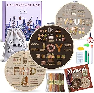 ETSPIL Find Your Joy Beginner Embroidery Kit,3 Pack DIY Starter Kits for Adults with 42 Stitch, Stamped Patterns, Floral Designs, Embroidery Hoop, Colorful Floss, Video Tutorials, and Storage Bag