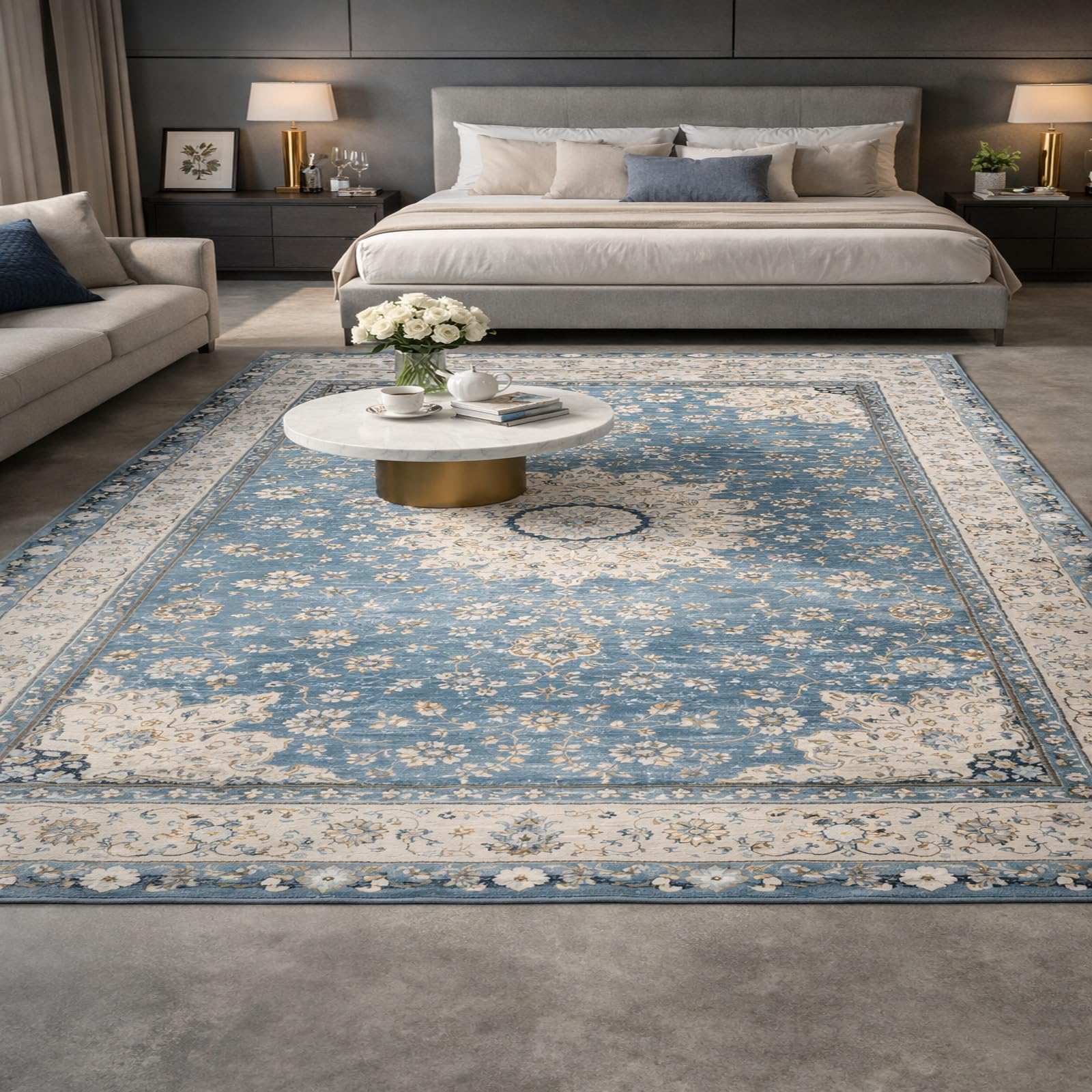 Alfombras de pelo corto azul floral de 100x160 cm para sala de estar Rururug