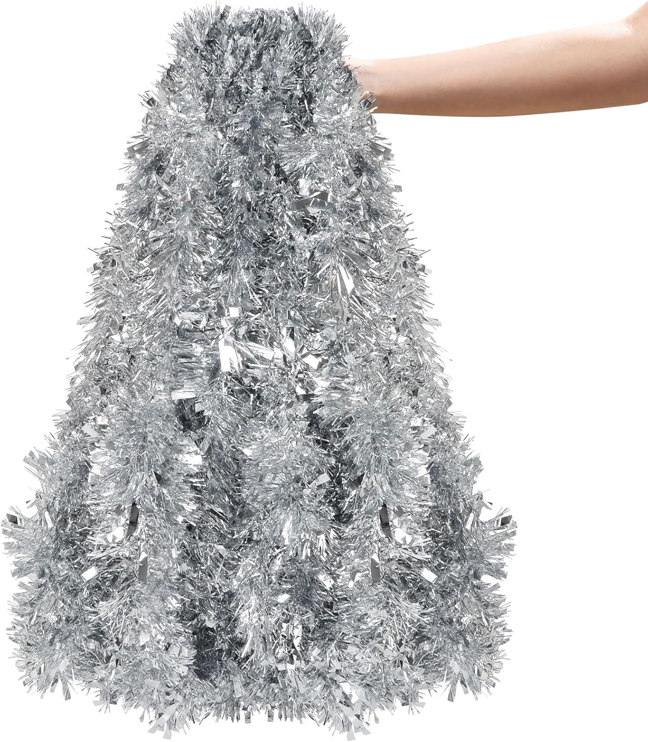 CCINEE Christmas Tinsel Garland, 50 Feet Silver Metallic Foil Hanging Tinsel Twist Garland for Xmas Tree Home Mantle Stair Fireplace Holiday Party Indoor Outdoor Christmas Decoration