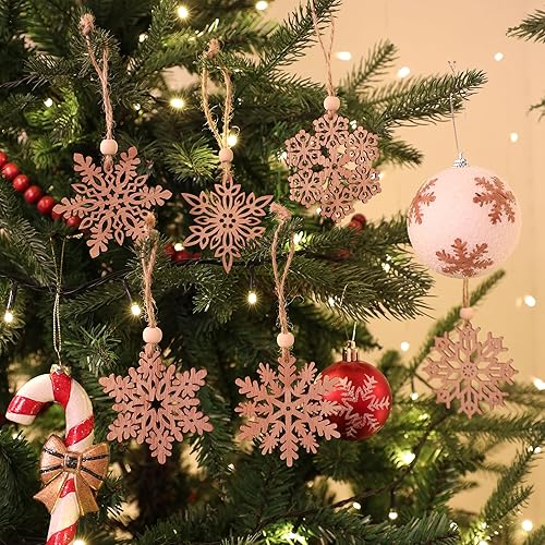 Miniatura 4 de 24 adornos de madera de copos de nieve de Navidad de 3 pulgadas, adorno colgante para decoración rústica de árbol de Navidad, manualidades de regalo