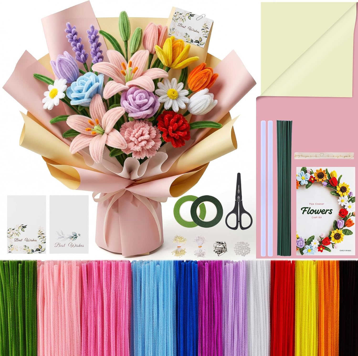 EARLY MINDS 800Pcs Pipe Cleaner Flower Bouquet Kit, 12 Colors Chenille Stems Craft Making Set with Floral Tape, Flower Stems, Gift Wrap & More, DIY Bouquet Handmade Gifts for Mother