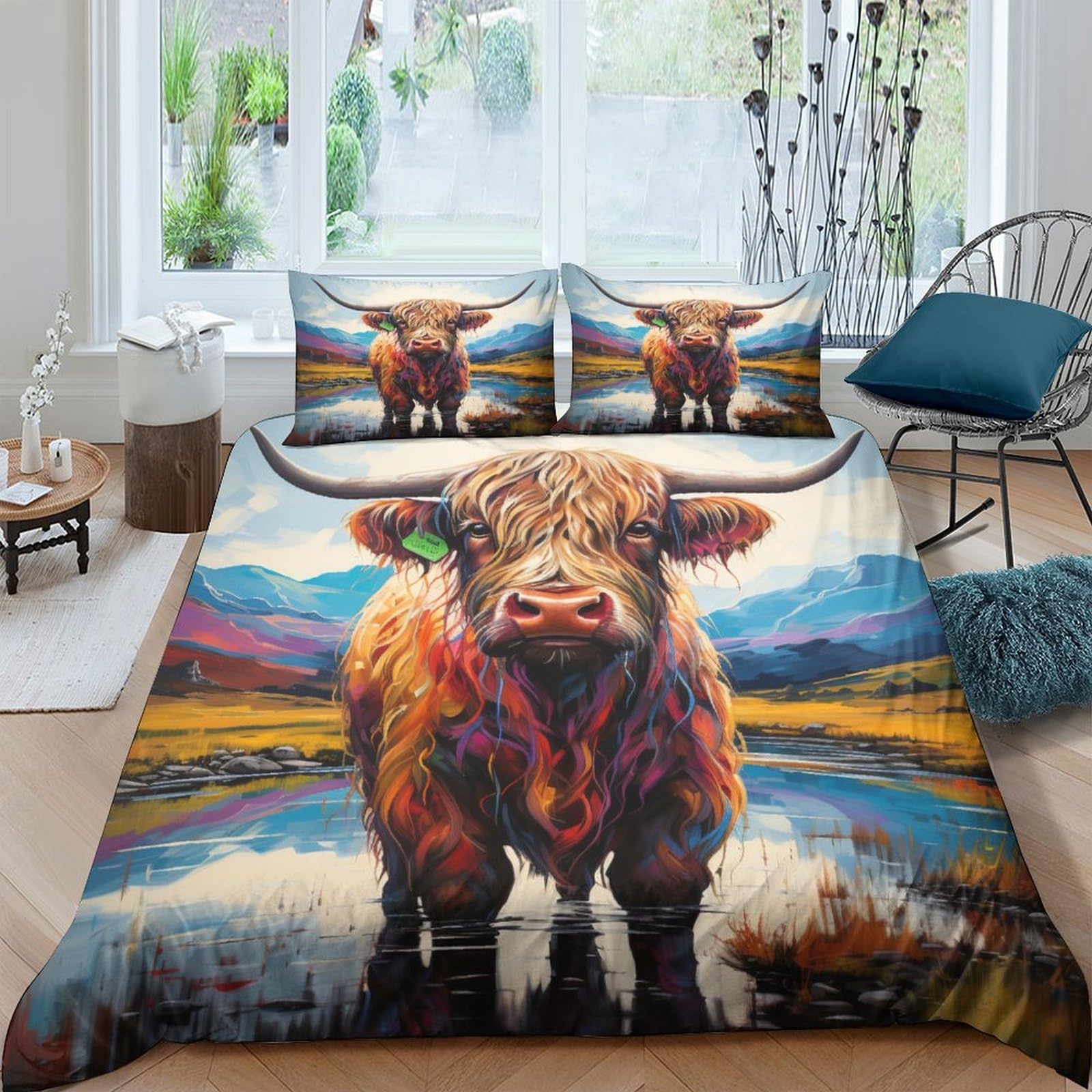 Essahi Boys Style-2 Highland Cow 3 Pcs Bedding Duvet Cover Set 3D Print Wild Animal Quilt Cover, Soft Microfibre Comforter Cover With Zipper With Pillowcases,For Girls Double（200X200cm）