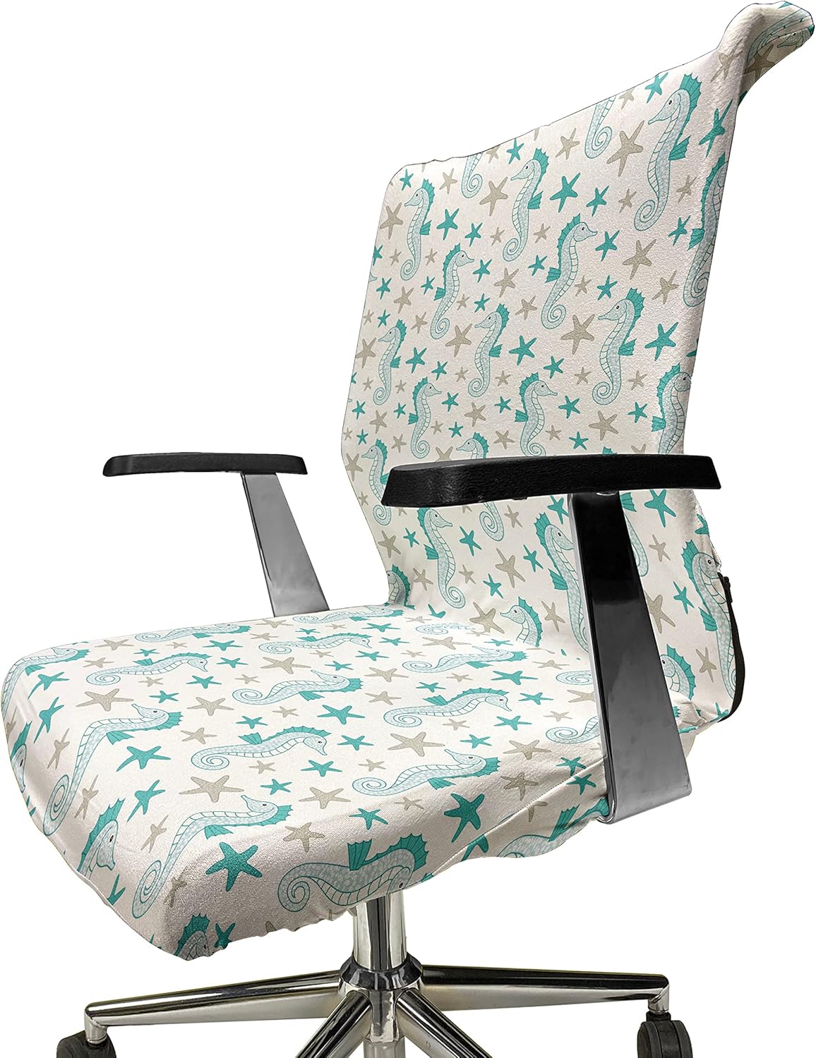 Ambesonne Nautical Office Chair Cover, Underwater Themed Pattern of Seahorses and Starfish, Stretchable Decorative Universal Size High Back Printed Slipcover, Seafoam Sepia