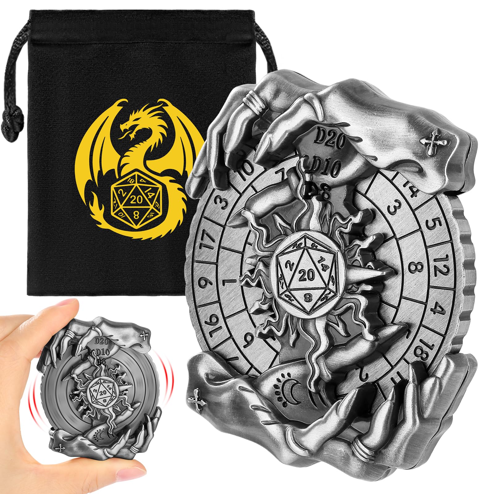 Mano Magica DND Ruota Dadi Spinner, 7-in-1 Metallici Spinner di Dadi, Roulette Mano Magica, Regali D&D, Sacchetto Regalo con Logo Drago, Giochi di Ruolo, Accessori per Giochi da Tavolo, Argento Scuro