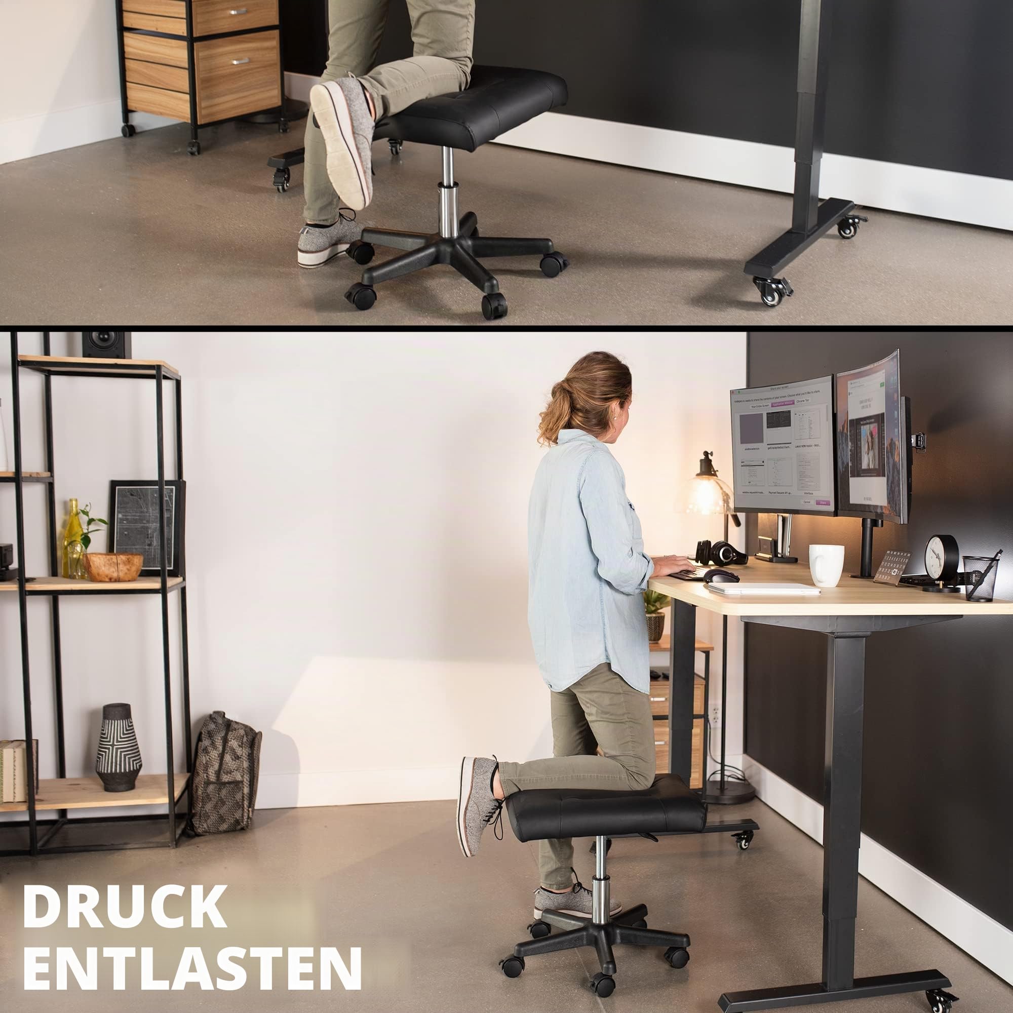 VIVO Mobile Fußstütze mit Rollen, Ergonomische Rollhocker Beinstütze für Arbeitskomfort, Höhenverstellbarer Computer-Schreibtischhocker mit dicker Polsterung, Bürositz, Schwarz, CHAIR-S04F | Roll-Ottomane, pneumatische Höhenverstellung, gepolsterter Fußho