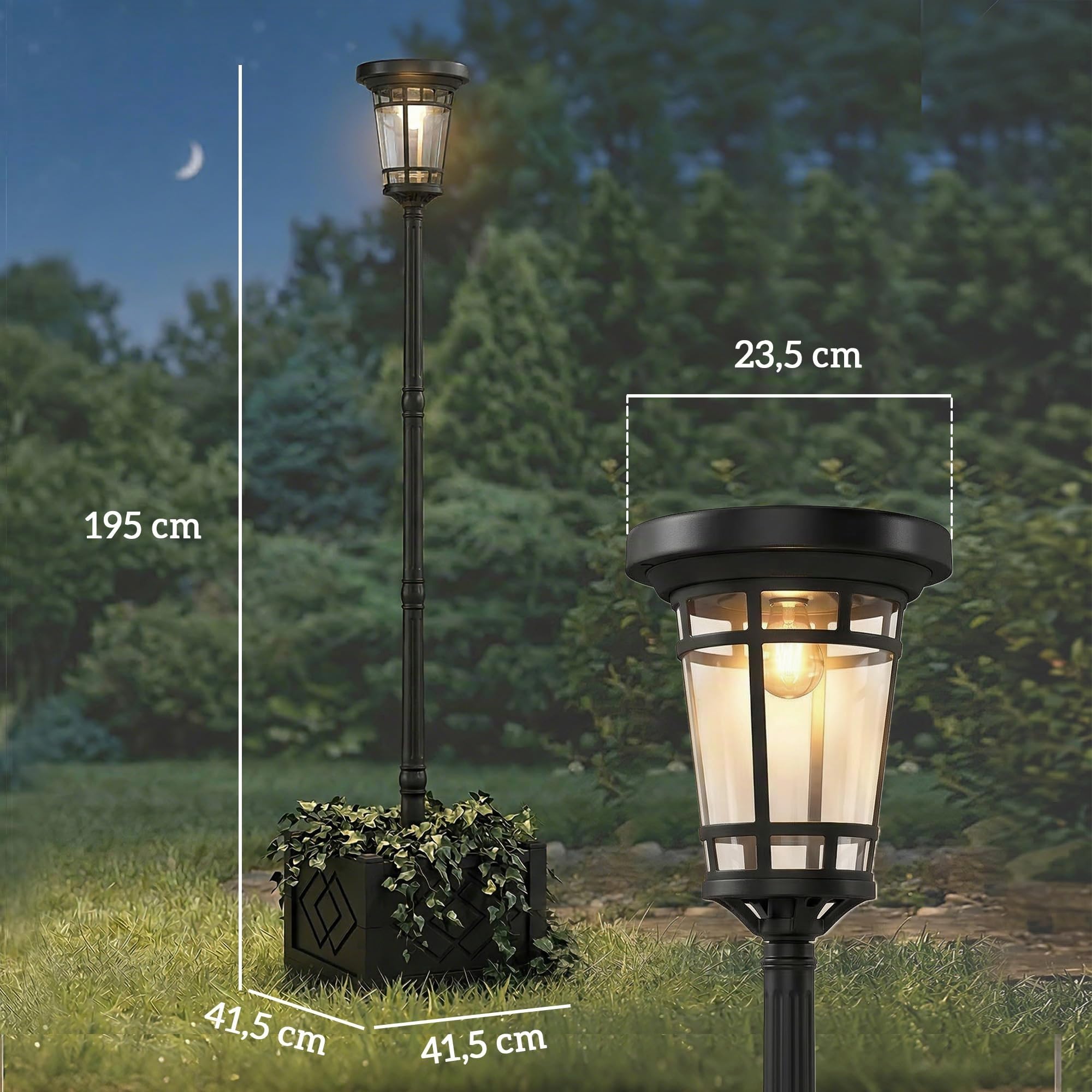 Outsunny Lanterna Solare Lampada da Terra con Vaso Fiori 195cm | Esterno, 2 livelli di luminosità, interruttore crepuscolare, IP44, lampada solare, per balcone giardino