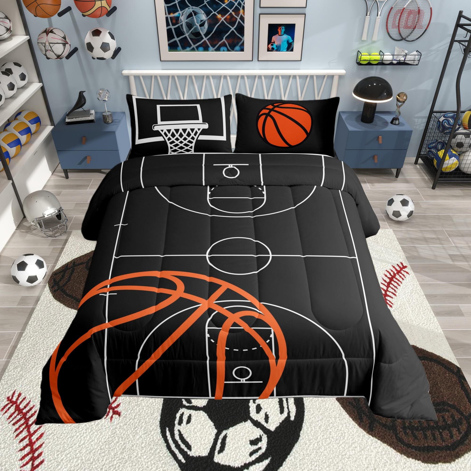 Castle Fairy Basketball Court Print Comforter Set for Kids Boys,Ball Sports Games Themed All Season Cozy Bedding Set Twin Size,Orange Basketball and Hoop Quilt Set Home Decor,Children Birthday Gift