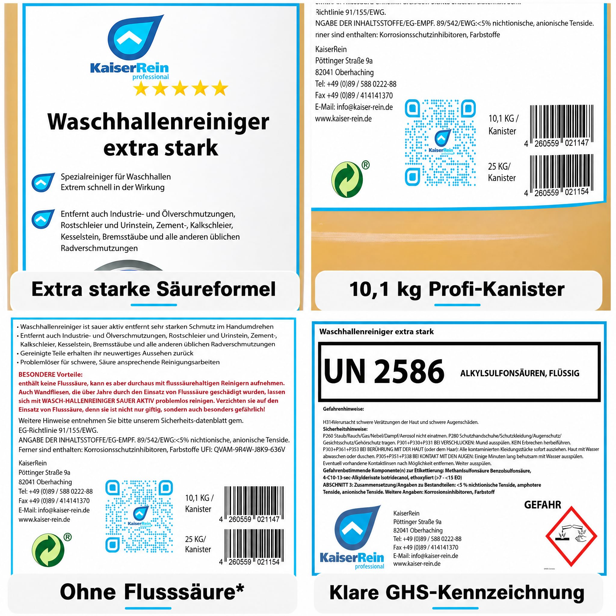 KaiserRein Fliesenreiniger Waschhallenreiniger Extra Stark, Zementschleierentferner und Bodenreiniger Konzentrat, Sauer Aktiv & Flusssäurefrei, für Waschhalle/Hallenboden/Fliesen, 10,1 kg Kanister