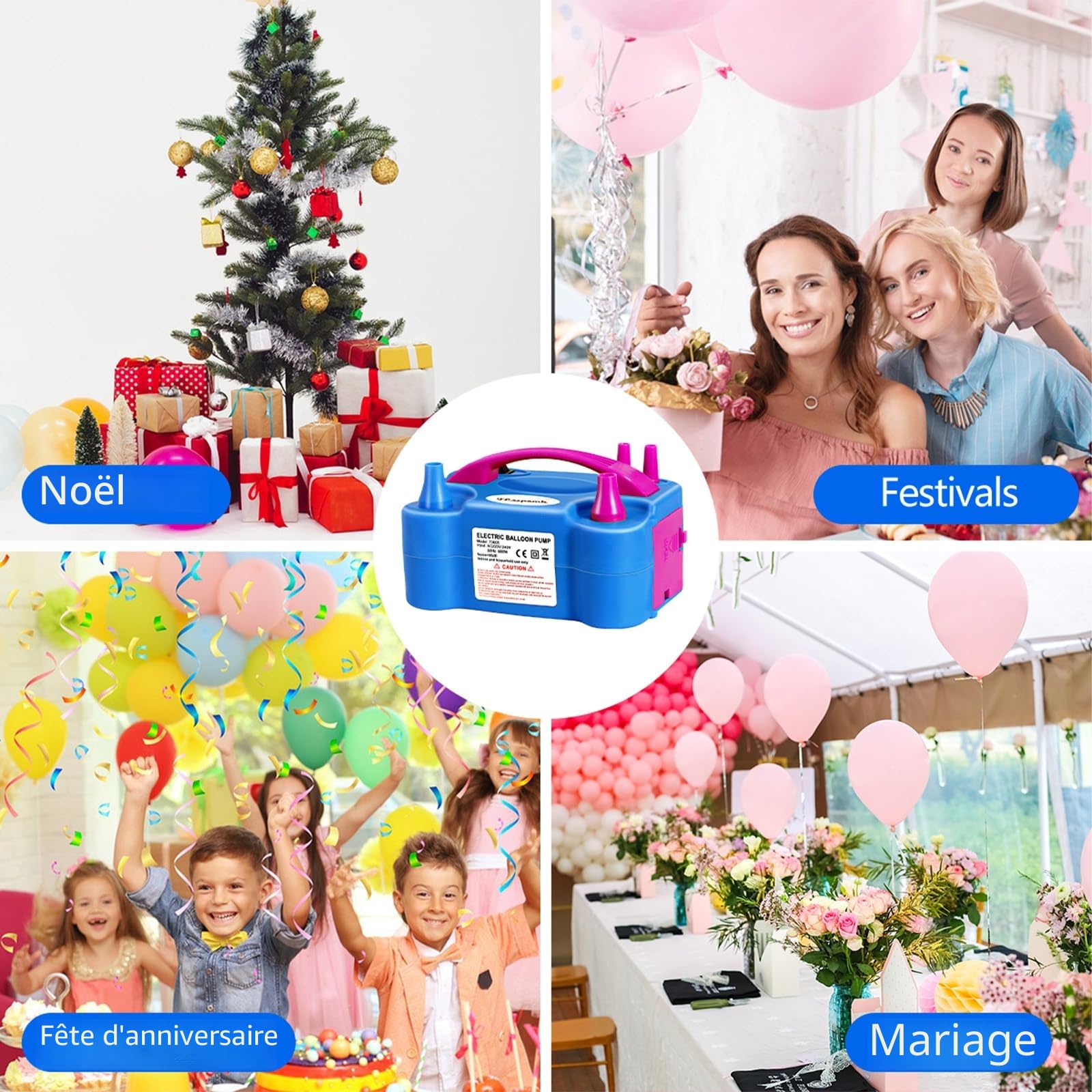 FLSEPAMB Pompe à Ballons électrique 600W, Gonfleur Ballon Electrique Portable avec Plusieurs Buses, 2 Modes Pompe Ballon Anniversaire pour Les Décorations, Mariages et Fêtes