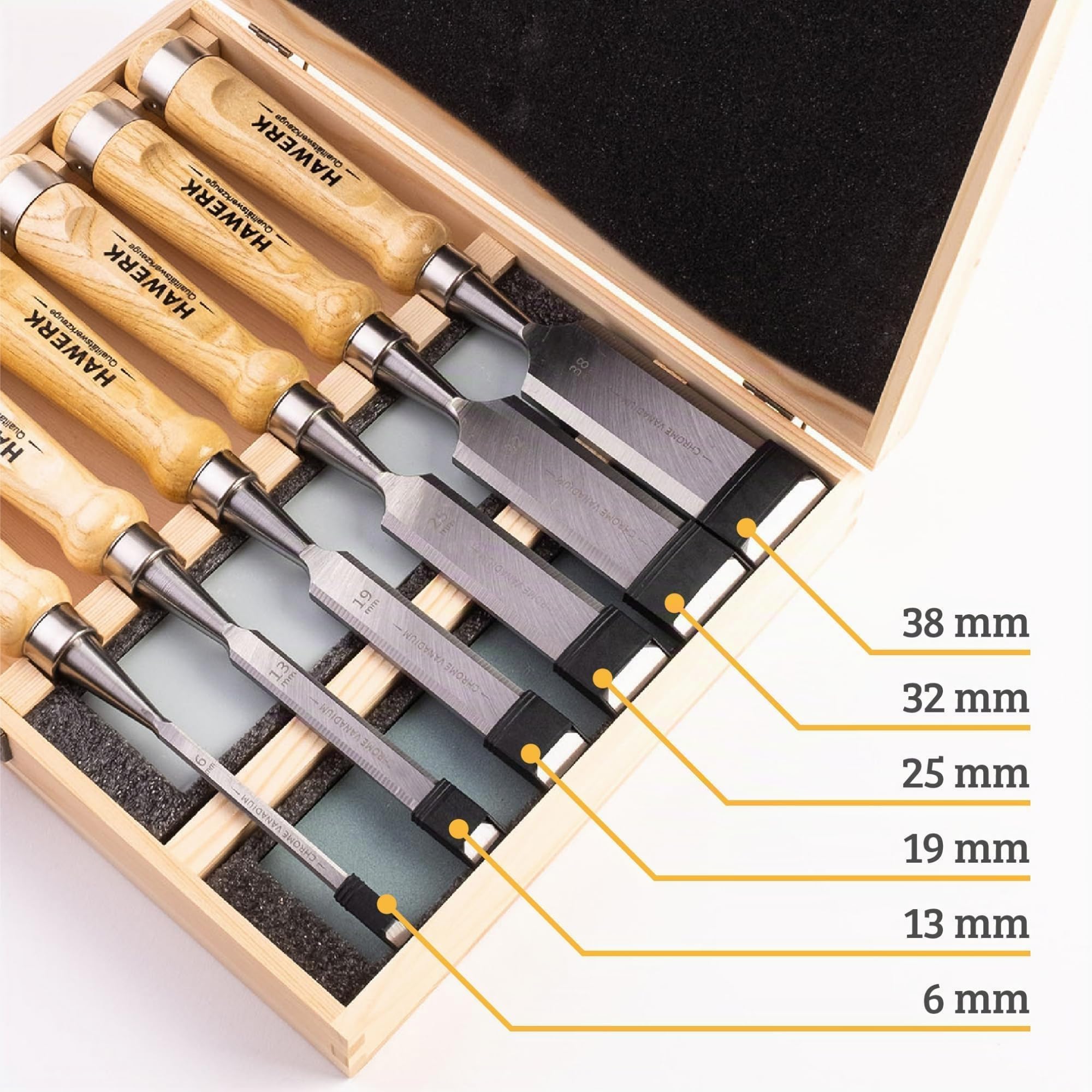 Set Scalpelli per Legno con Pietre - 6 Sgorbie per Legno e 2 Pietre Affila Scalpelli - Kit Scalpello Attrezzi Lavorazioni Legni - Misure Scalpello 6 13 19 25 32 38 mm