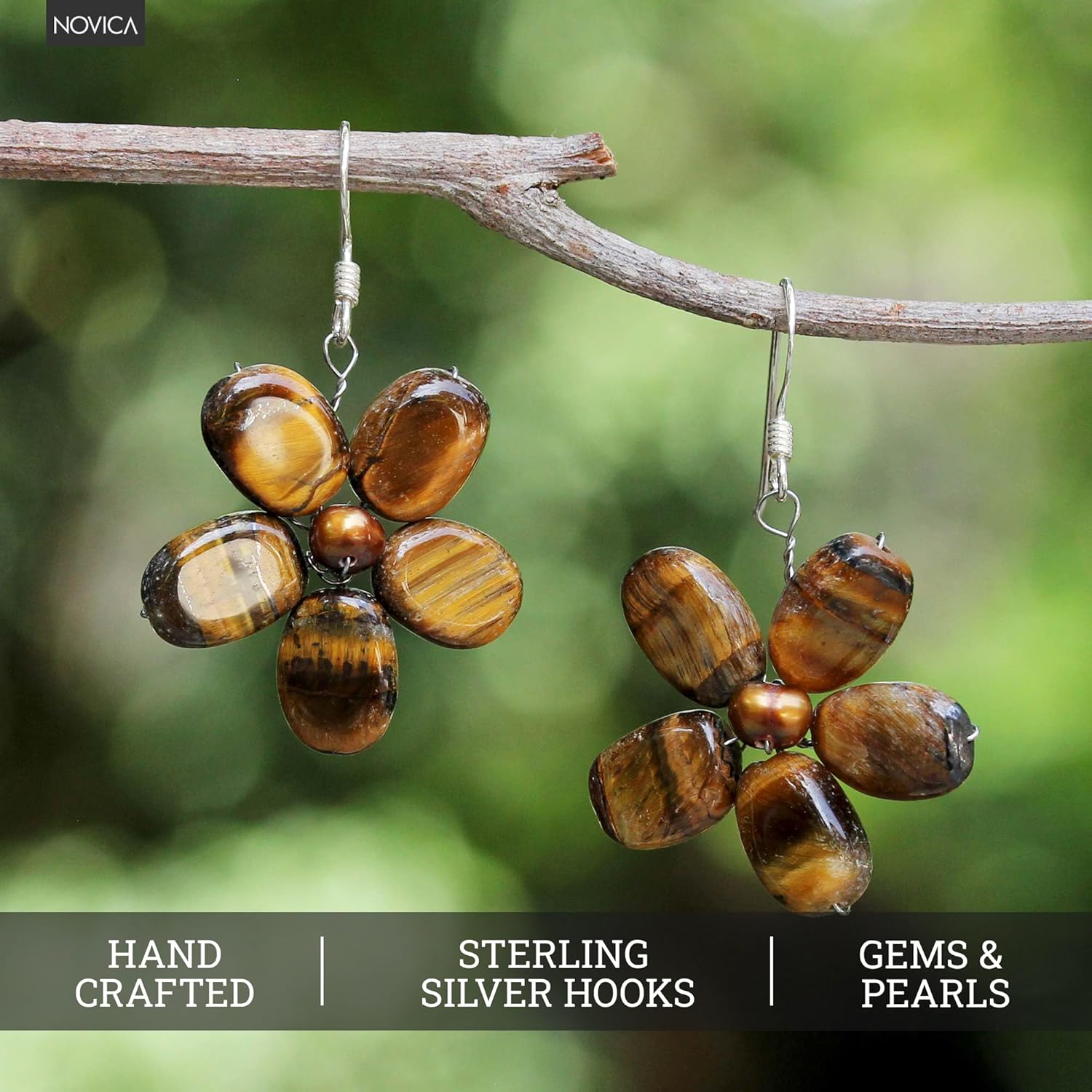 NOVICA Artisan Handmade Cultured Freshwater Pearl Tigers Eye Flower Earrings from Thailand .925 Sterling Silver Brown White Dangle Beaded 'Tawny Paradise'
