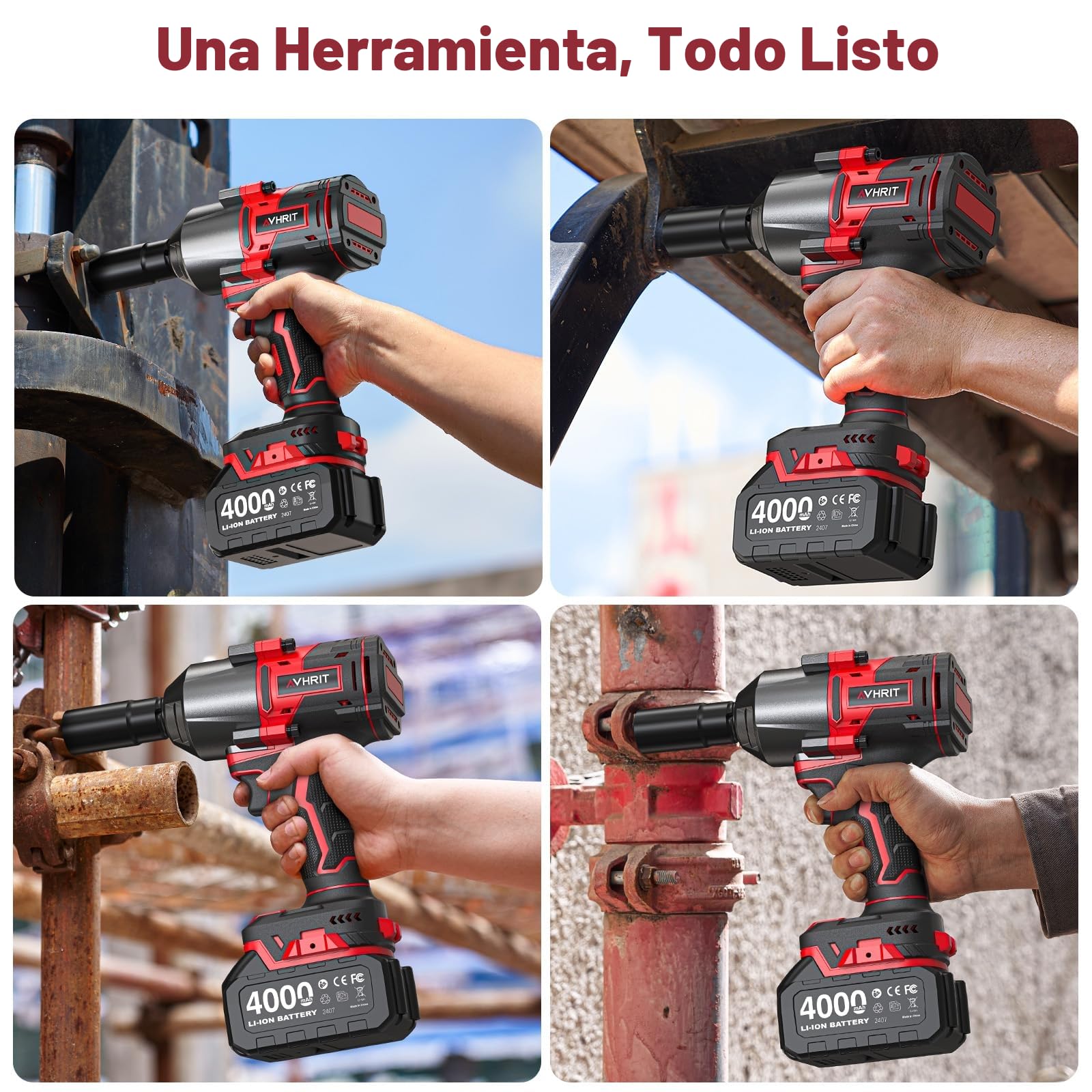 Llave de Impacto Inalámbrica 1600N.m con 2x 4000mAh Baterías, 1/2 Pistola de Impacto Batería, Eléctrica Llave de Impacto para Coches Camiones, con 5 Enchufes