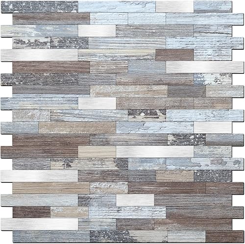 Azulejo de mosaico de metal para una fácil decoración de bricolaje -LNG oblongo, 1 pieza de muestra, mezcla de madera vintage plateada, despegar y