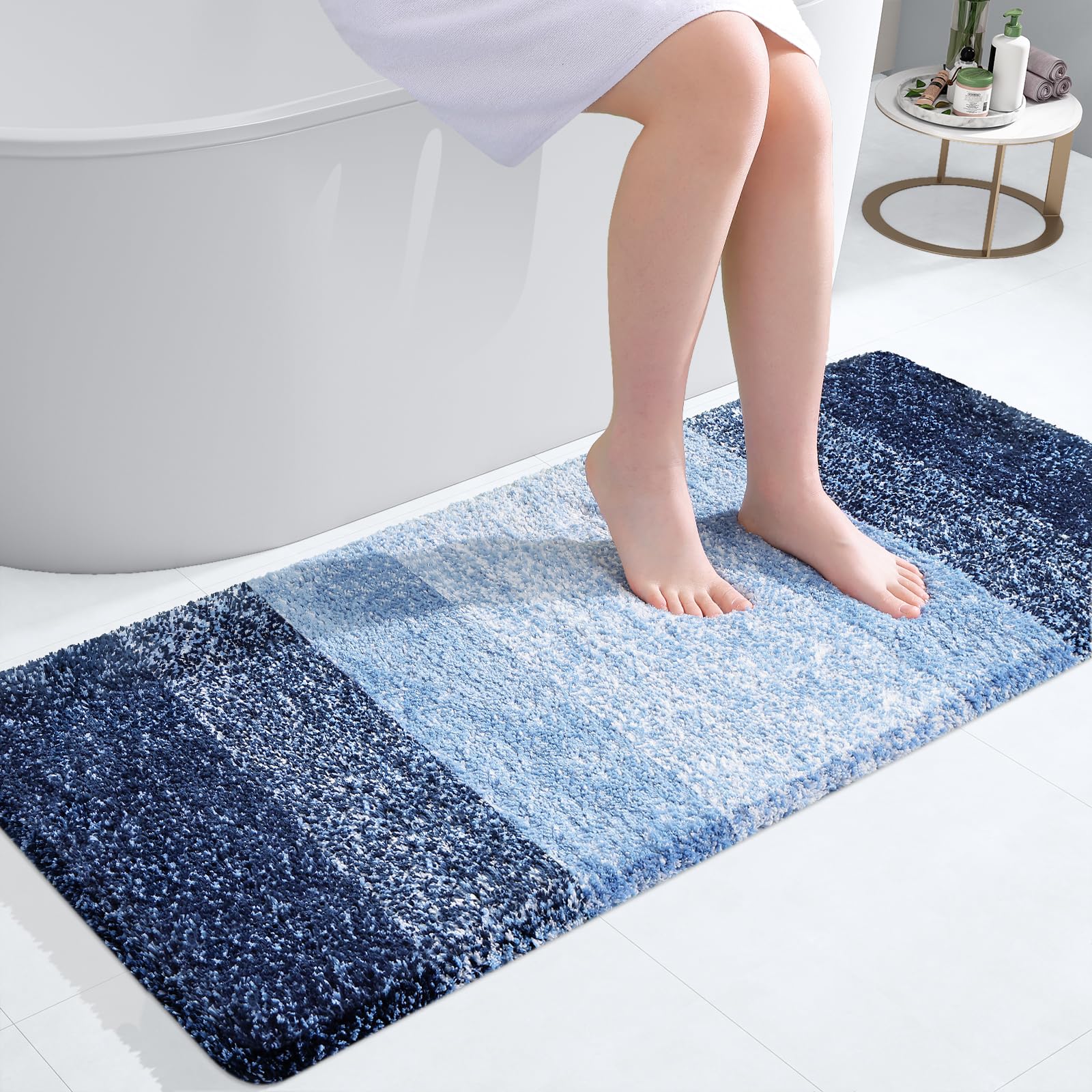 OLANLY Bathroom Runner Rug 47x20, Extra Soft Absorbent Microfiber Bath Rugs | Navy, Non-Slip Quick-Drying Rubber Backing, Machine Washable Long Bath Mat for Floor, Tub and Shower, Home Decor Accessories