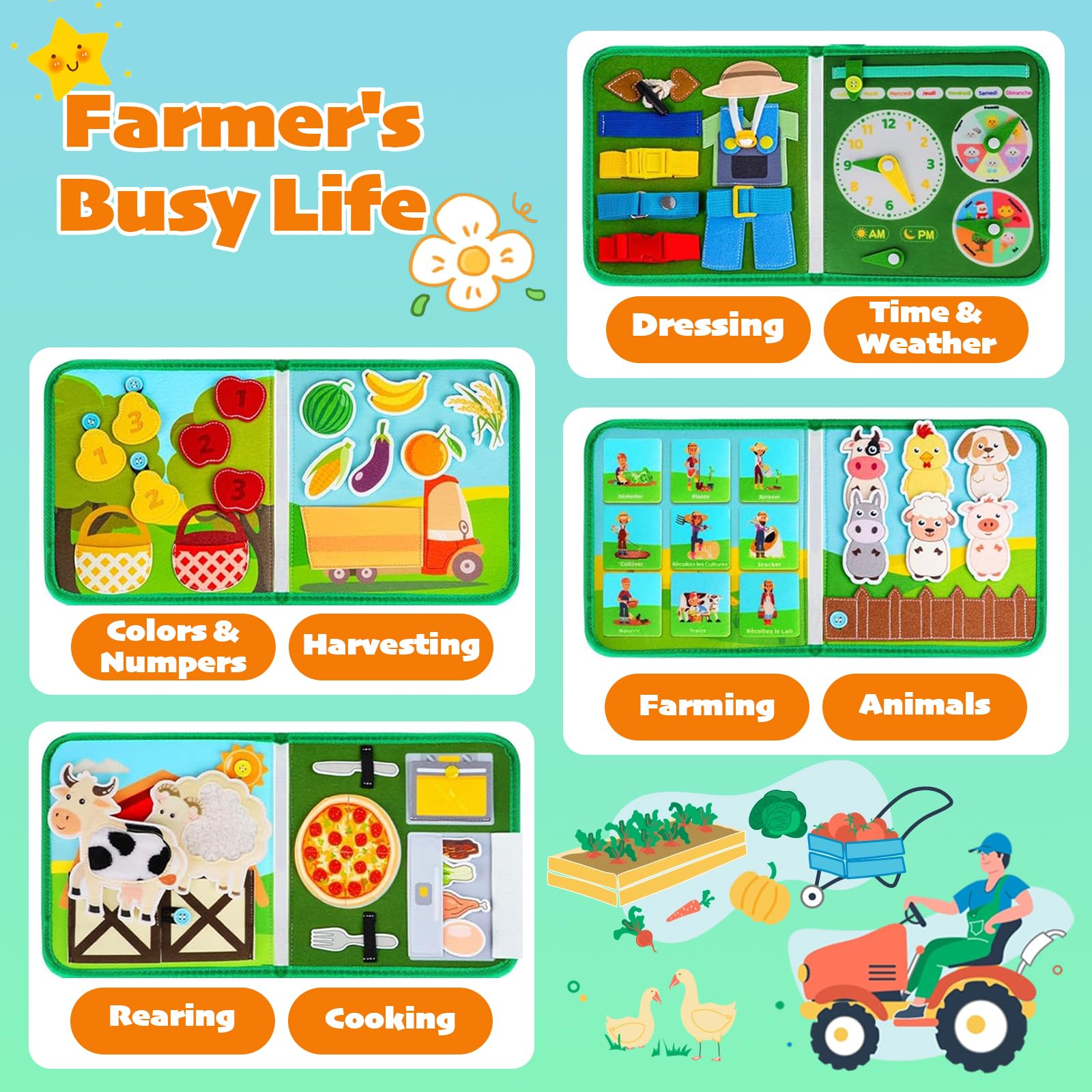 Busy Board Montessori Ferme – Livre D’Activités En Feutre Pour Tout-Petits 18 Mois – 8 Pages De Compétences