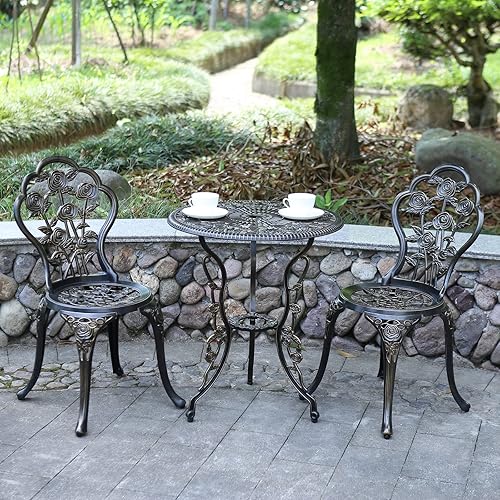 Miniatura 7 de JARDIN DE CENTENNIAL Juego de mesa de bistró de patio de aluminio fundido resistente al óxido con agujero para sombrilla para patio trasero (cobre