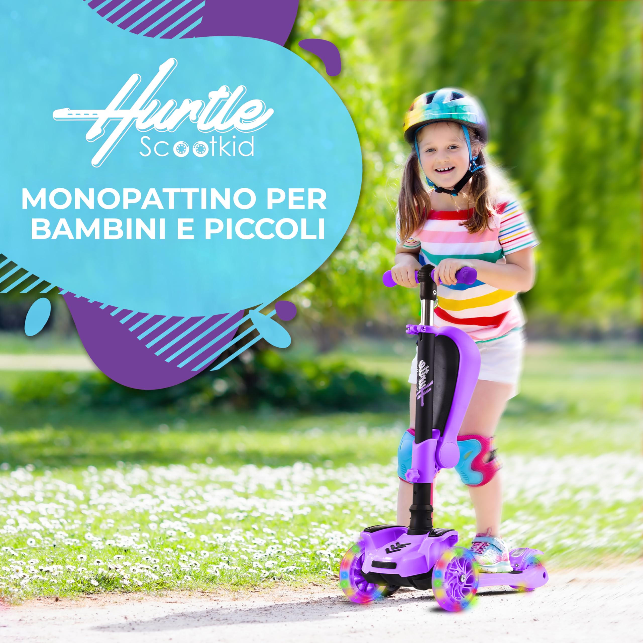 Hurtle Monopattino Bambino, Monopattino Bambina, Monopattino a 3 Ruote, Regolabile in Altezza con Sedile Pieghevole, Scooter per Bambini e Bambine con Ruote LED Multicolore, Dai 1 ai 14 Anni