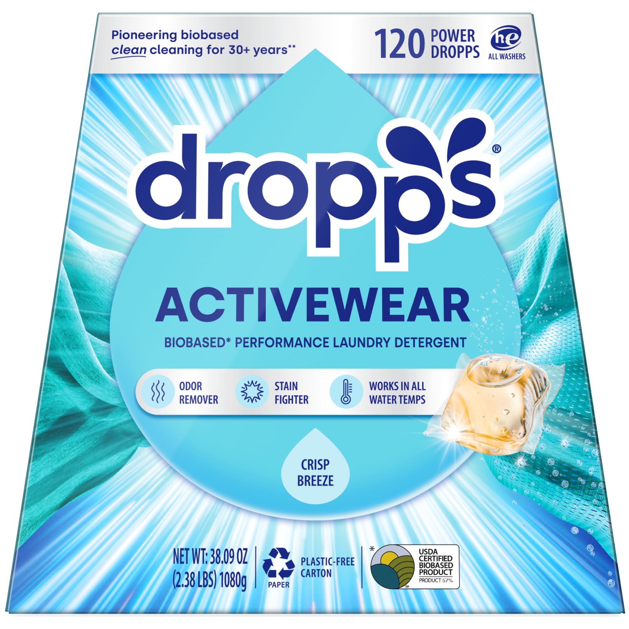 Dropps Activewear Biobased Power Laundry Detergent Pods Crisp Breeze 120 Count - Laundry Pods Fights Tough Stains Odors